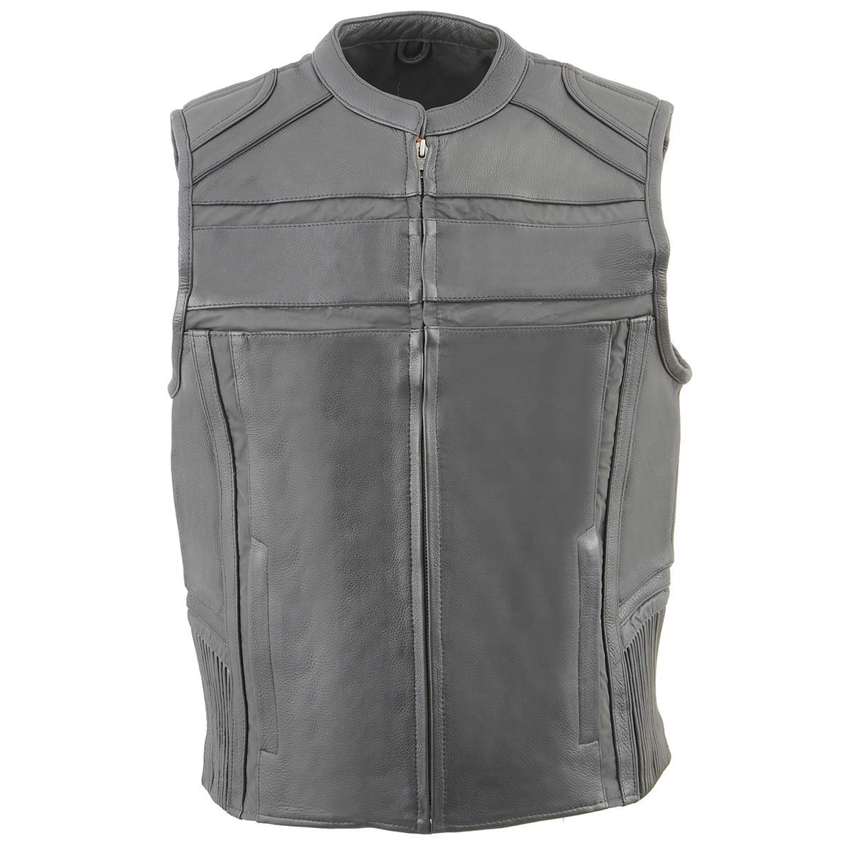 Milwaukee MLM3560 Men's Black Leather Motorcycle Vest with Reflective Piping & Elastic Waist - Biker Jacket for Riding, Cruising & Outdoor Adventures