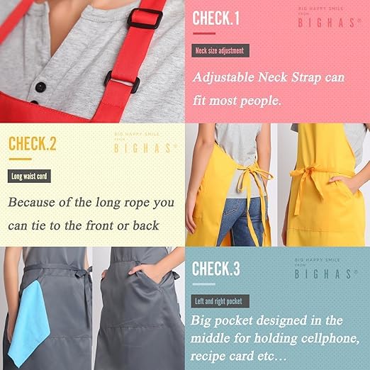 Adjustable Chef Bib Apron for Women & Men - 18 Color Options - Long Ties Kitchen Cooking Apron - Perfect for BBQ, Baking, Grilling & Restaurant Work
