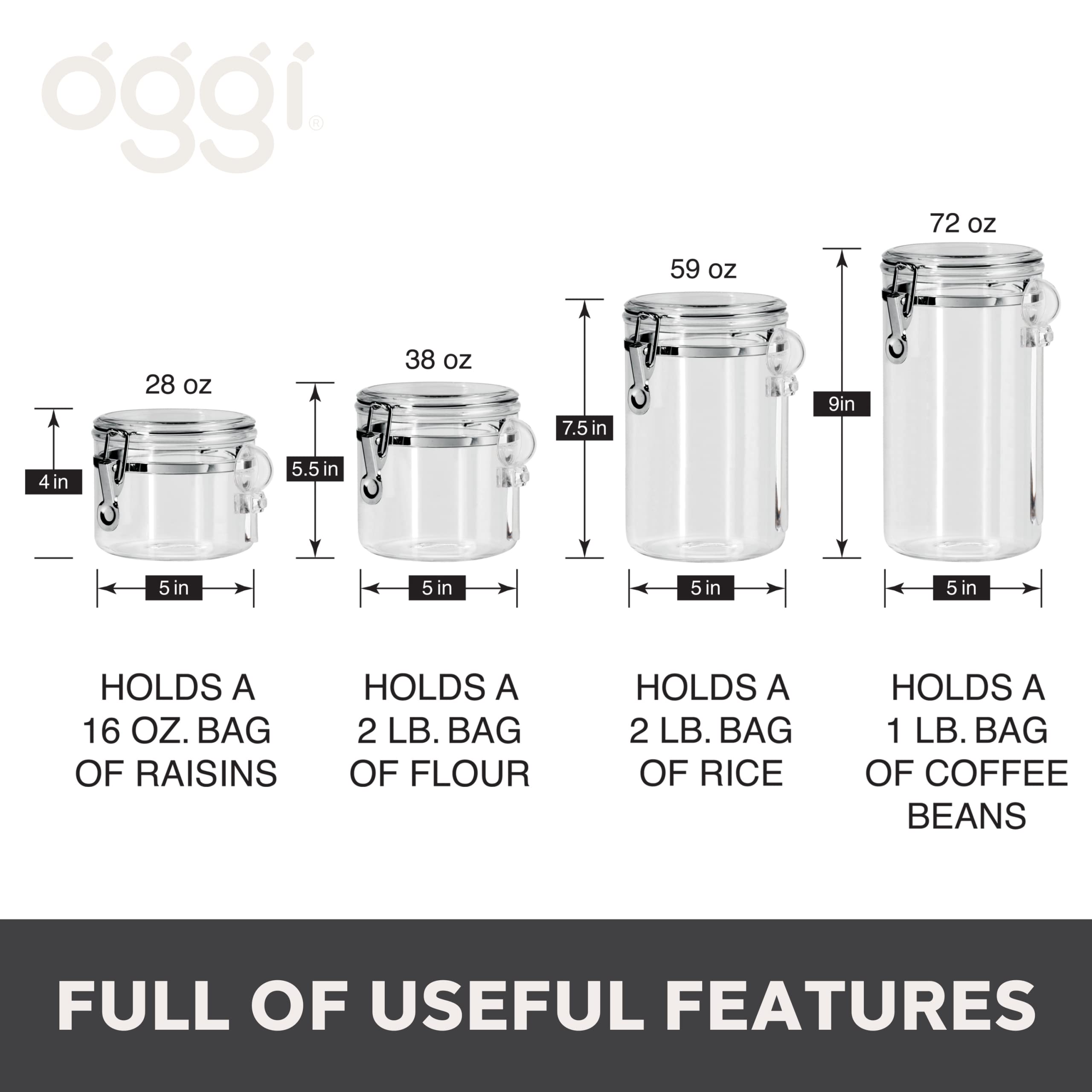 Oggi 4-Piece Clear Airtight Canister Set with Clamp Lids - Perfect for Kitchen & Pantry Storage of Flour, Sugar, Coffee, Rice, Tea, Spices & Herbs - Ideal for Baking, Cooking & Organizing Dry Foods