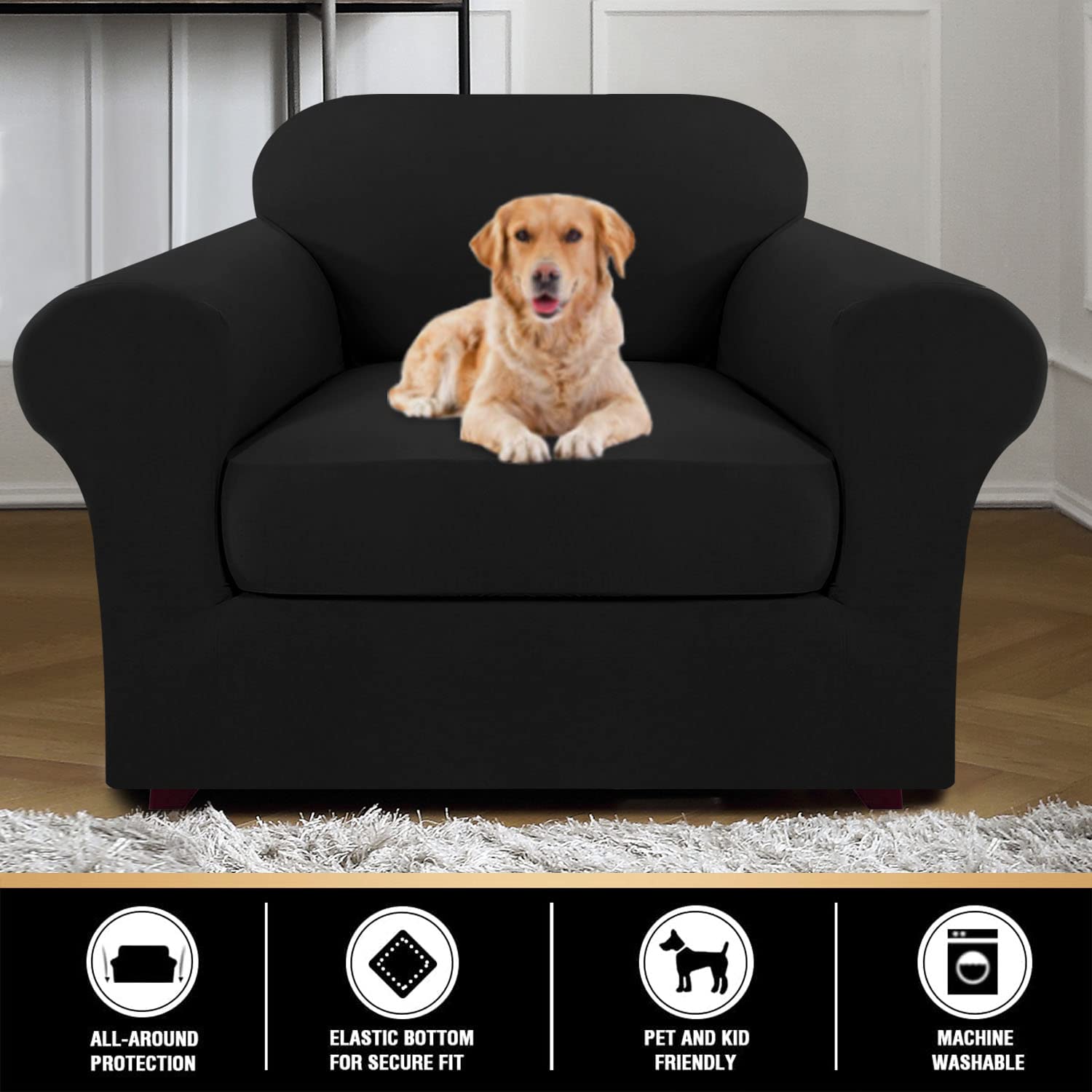 PrinceDeco 2-Piece Stretchable Slipcovers for Living Room Armchairs - Soft Furniture Protector with Elastic Bottom for Pets & Kids, Machine Washable, Black - Perfect for Sofa Protection, Home Decor Upgrade, and Pet-Friendly Households