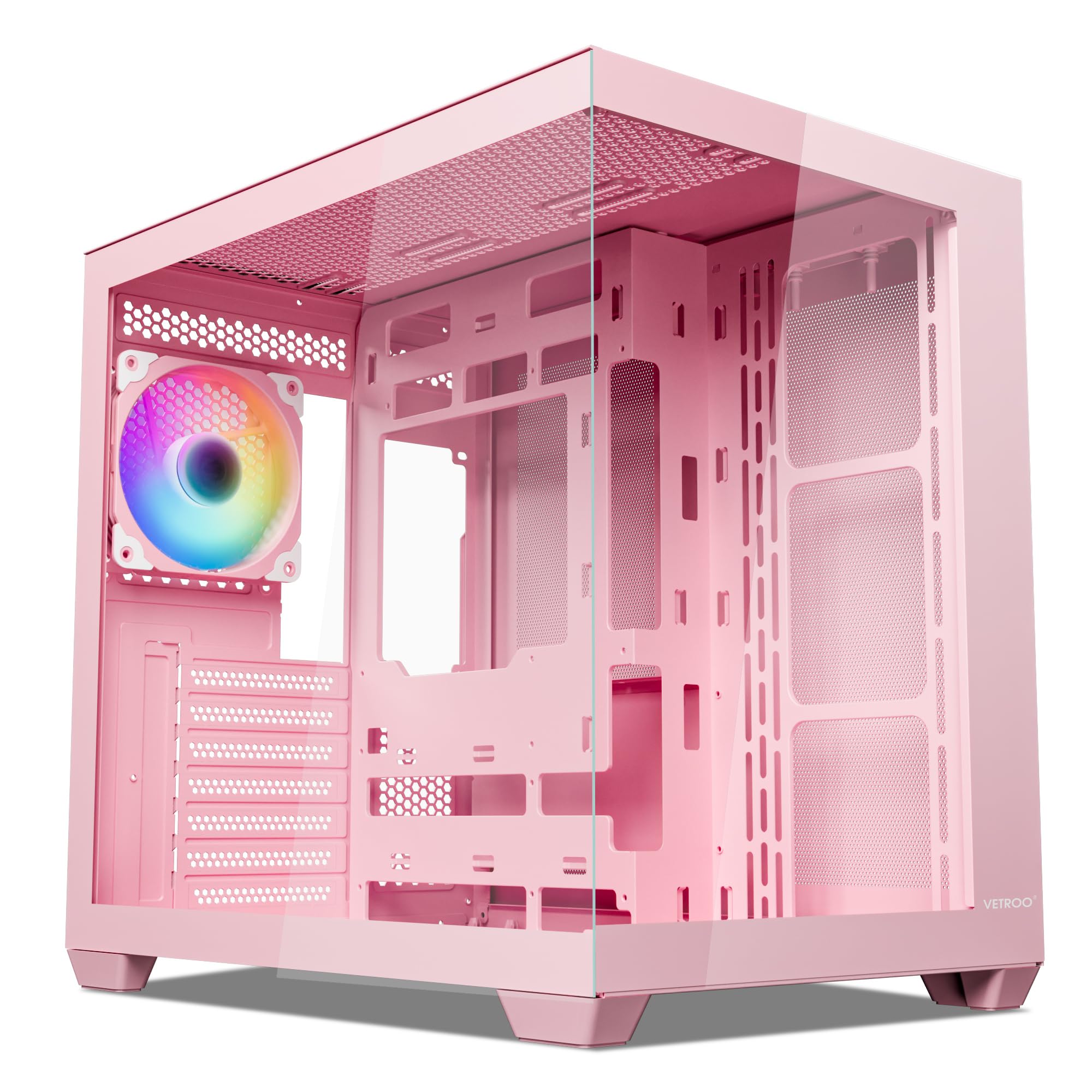 Vetroo AL900 ATX Mid Tower PC Case - Pink, 270° Full View Tempered Glass, Pre-Installed 4x ARGB PWM Fans, Supports 360mm Radiator & 10 Fans, USB 3.1 Type-C, Compatible with RTX 40 Series GPUs - Perfect for Gaming PC Builds & RGB Enthusiasts
