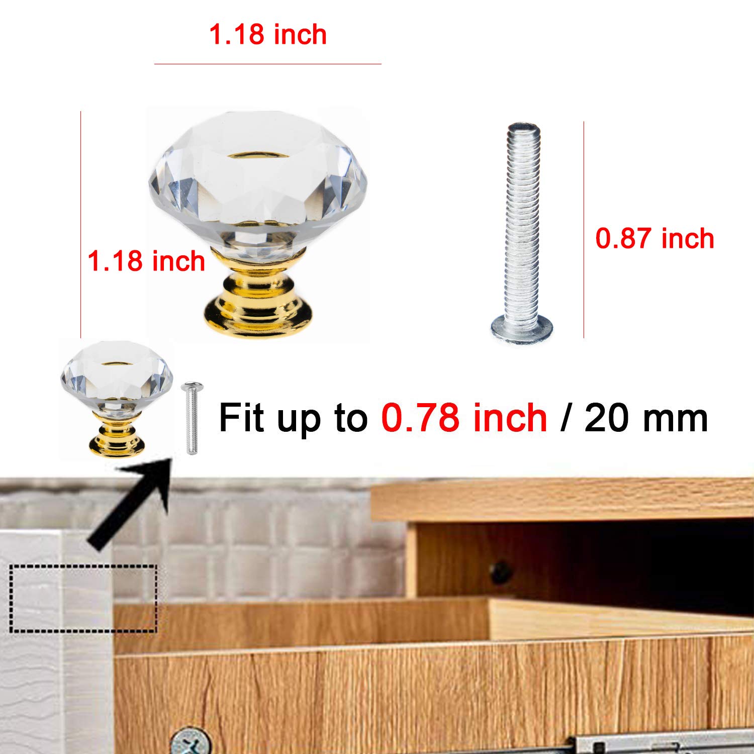 12 Pack Diamond Shaped Crystal Glass Cabinet Knobs - 30mm Gold Drawer Pull Handles for Dresser, Wardrobe & Furniture Upgrade (Home Decor & DIY Project)