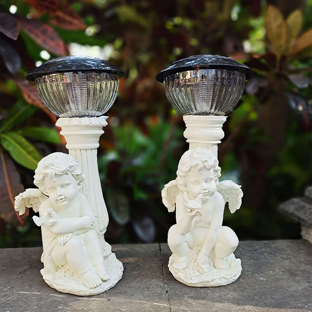 Solar Angel Statue - Outdoor Solar LED Cherub Garden Decor, Antique Resin Angel Figurine for Patio, Yard & Indoor Home Decor - Perfect for Garden Pathways, Terrace Lighting & Holiday Displays