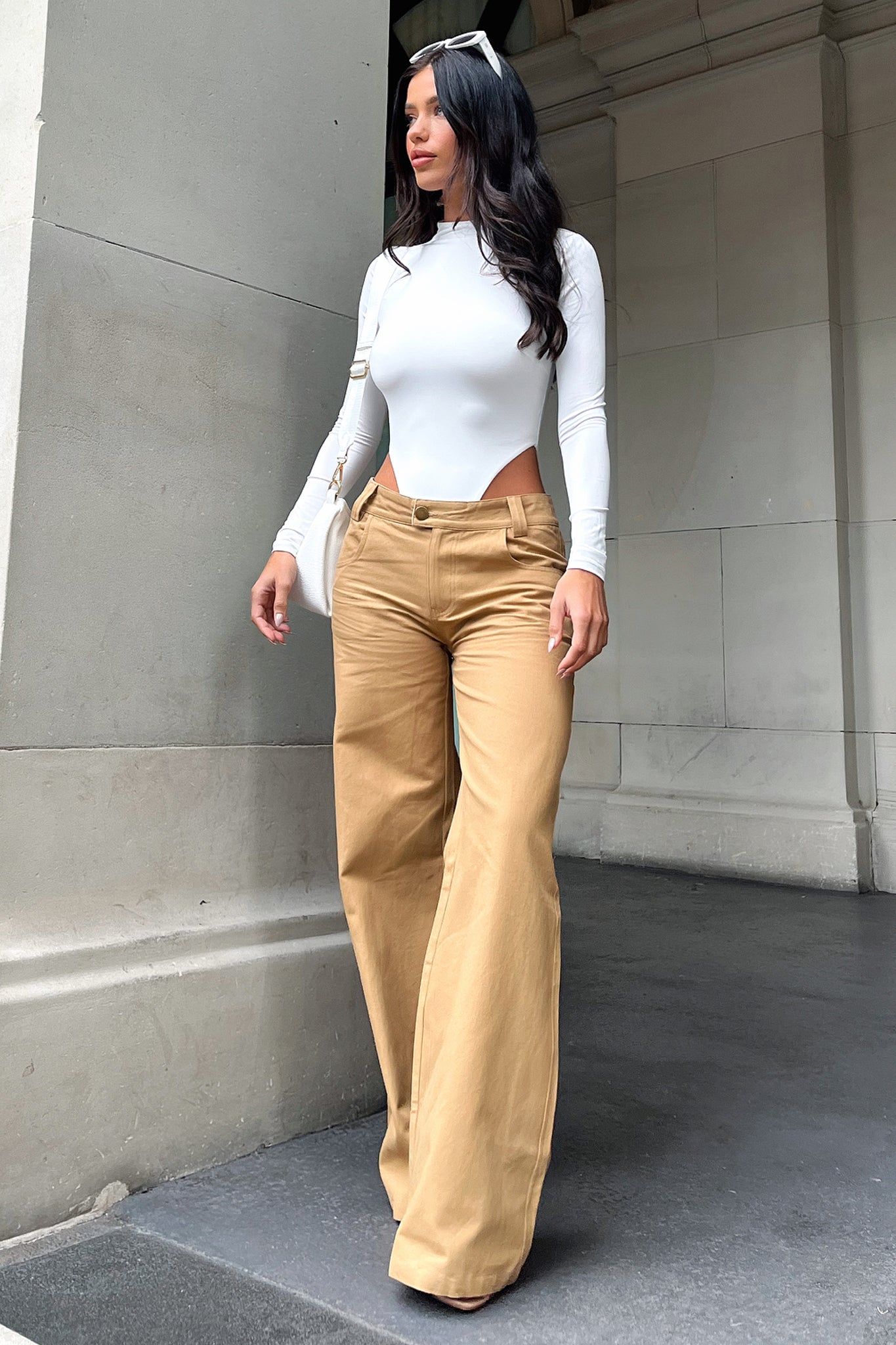 Inaya Women's Wide Leg Jeans in Tan - Comfortable High Waist Stretch Denim Pants for Casual Wear & Everyday Outfits