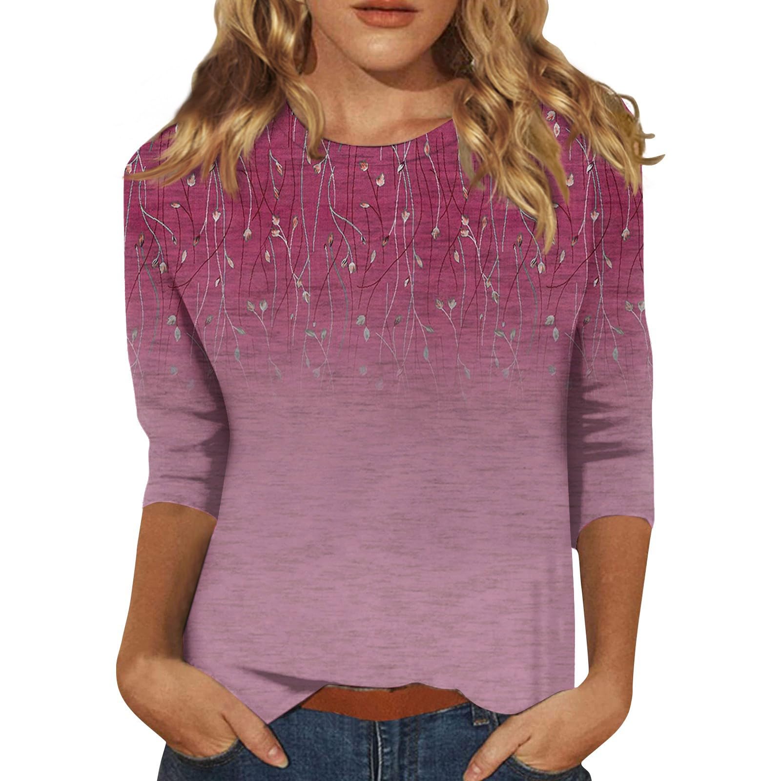 Women's 3/4 Sleeve Crewneck Loose Fit Casual T-Shirts - Solid Color Basic Tunic Tops for Summer | Trendy Ladies Blouses for Work, Weekend & Daily Wear