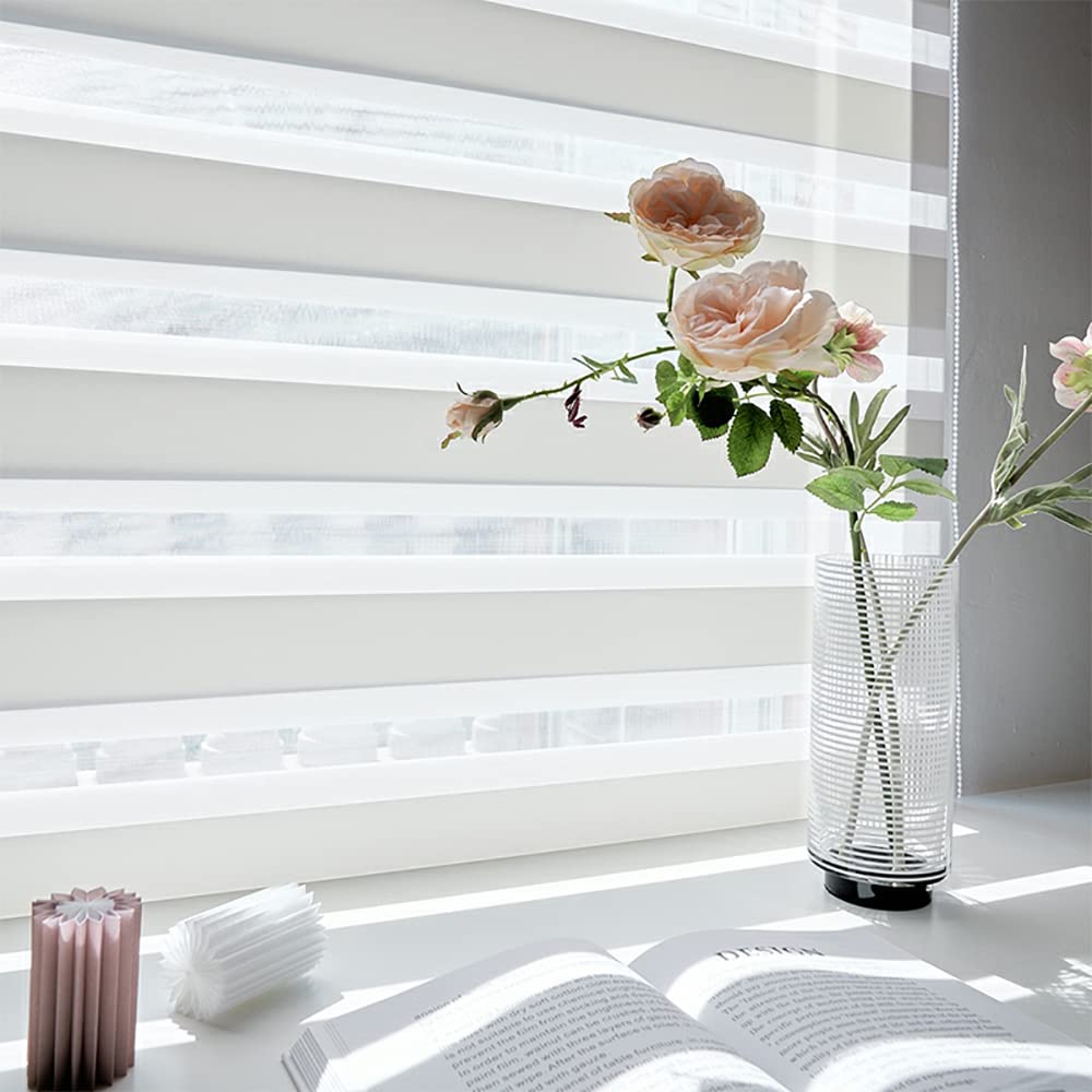 SUNWAY Dual Layer Zebra Roller Shades - Light Filtering & Blackout Window Blinds for Day & Night Privacy - 36