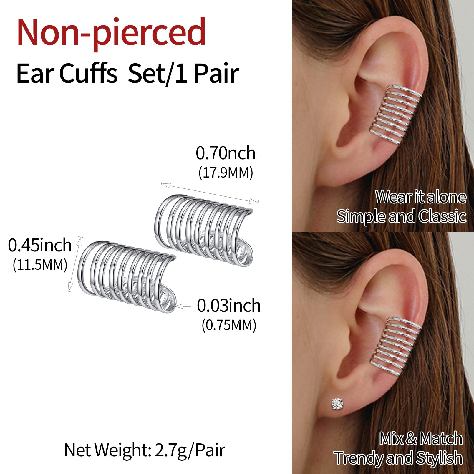 ChicSilver 925 Sterling Silver Non-Piercing Clip-On Cartilage Cuff Earrings for Women - Elegant Ear Cuff Jewelry with Gift Box - Perfect for Parties, Weddings & Everyday Wear
