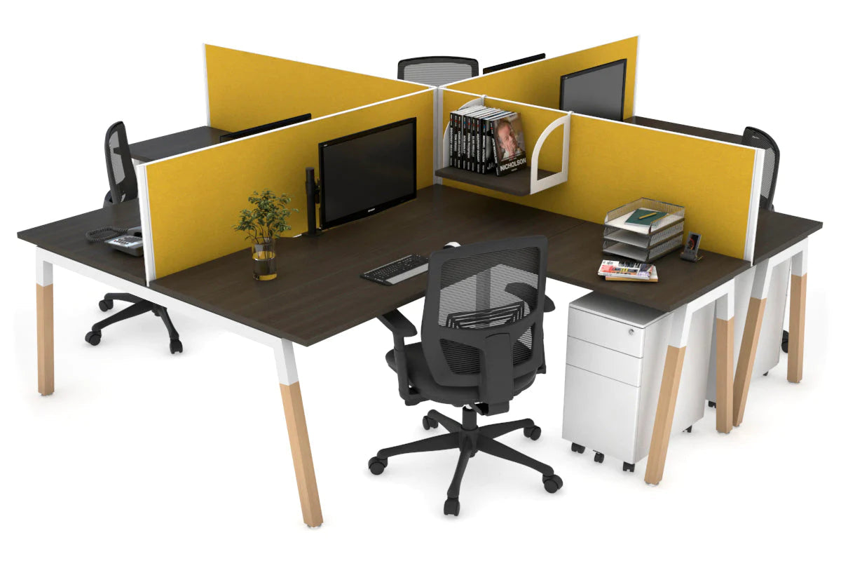 Quadro Wood A Legs Cross Beam 4-Person Corner Workstation Desk - 1600L x 1800W with Cable Management Scallop - Perfect for Office, Home Workspace & Collaborative Environments