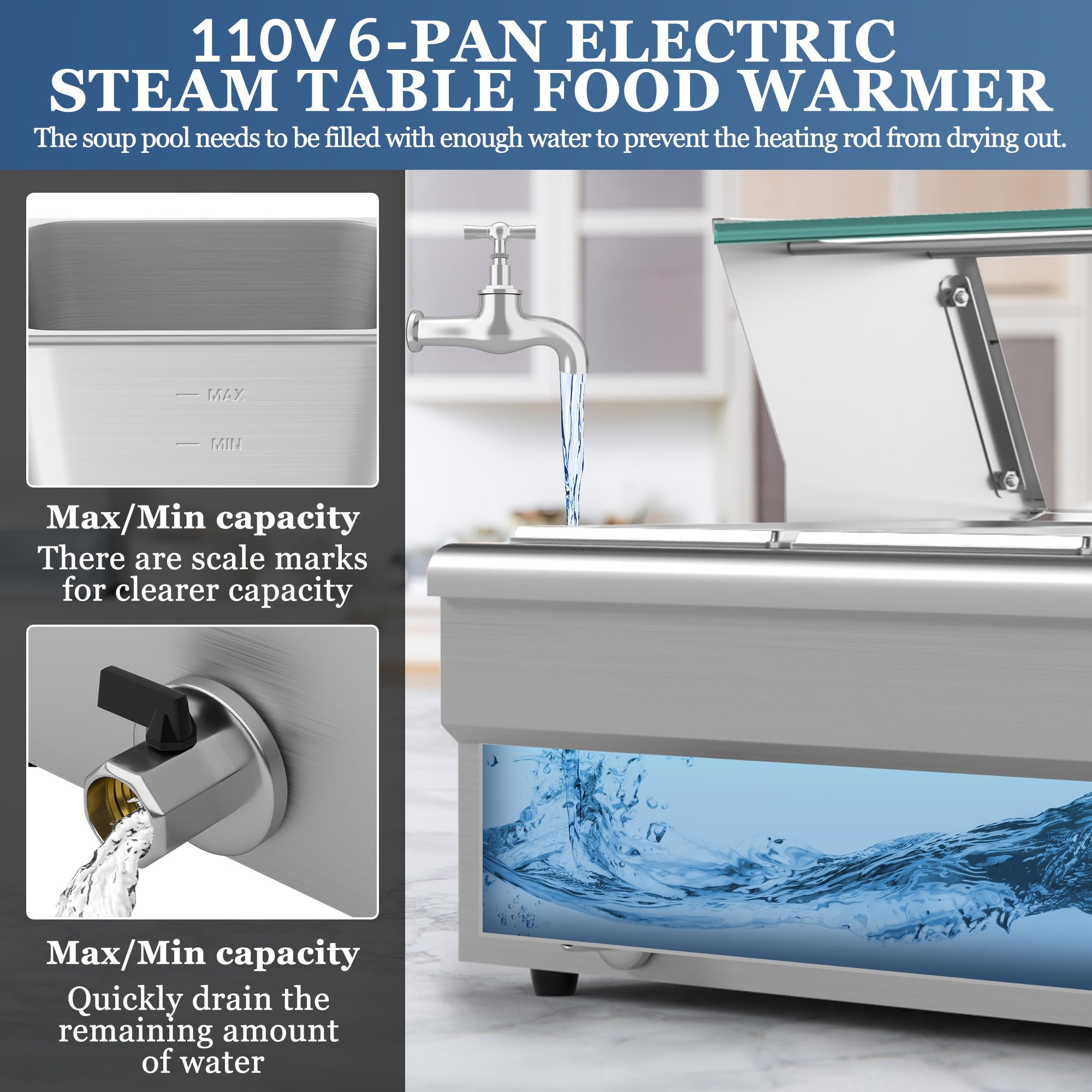 6-Pan Commercial Food Warmer - 110V 1500W Stainless Steel Bain Marie Steam Table with Large Capacity Pans | Perfect for Catering, Restaurants, Parties & Buffets | Electric Food Warmer for Professional Kitchens & Events (110V 6-Pan)