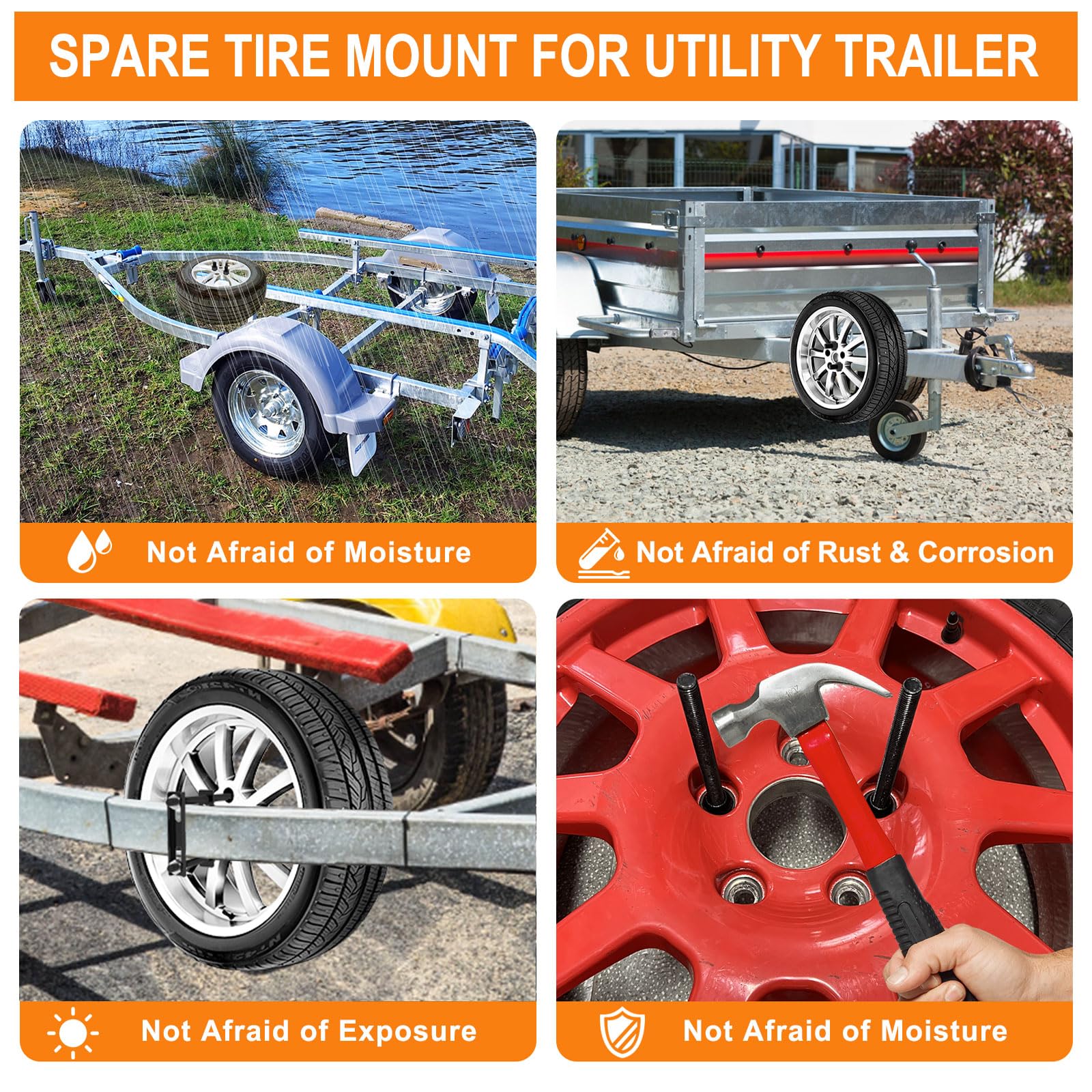 Universal Trailer Spare Tire Mount - Black Wheel Bracket for Utility Trailers & Boats - Heavy Duty Towing Accessory