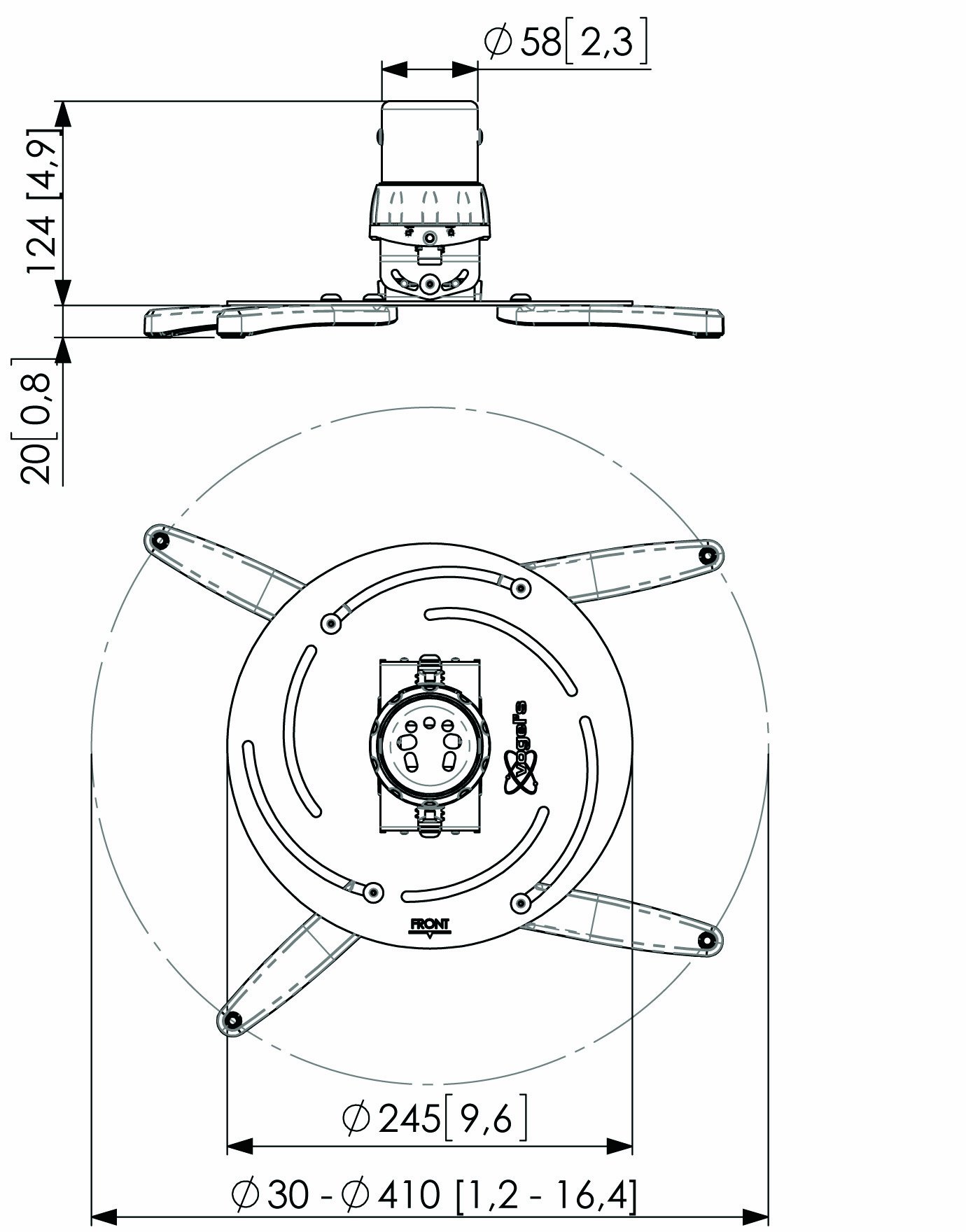 Vogel's 124mm Large Universal Ceiling Mount for Projectors - Heavy Duty Adjustable Projector Bracket for Home Theater, Classroom & Office Installations