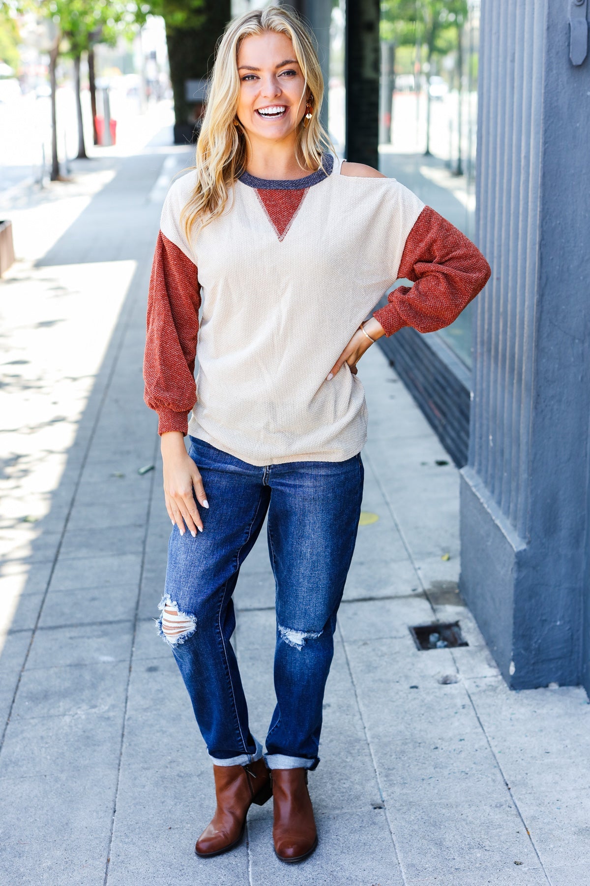 Oatmeal Textured Sweater Knit Cold Shoulder Top for Women - Cozy Fall & Winter Fashion - Perfect for Casual Outings, Date Nights and Office Wear