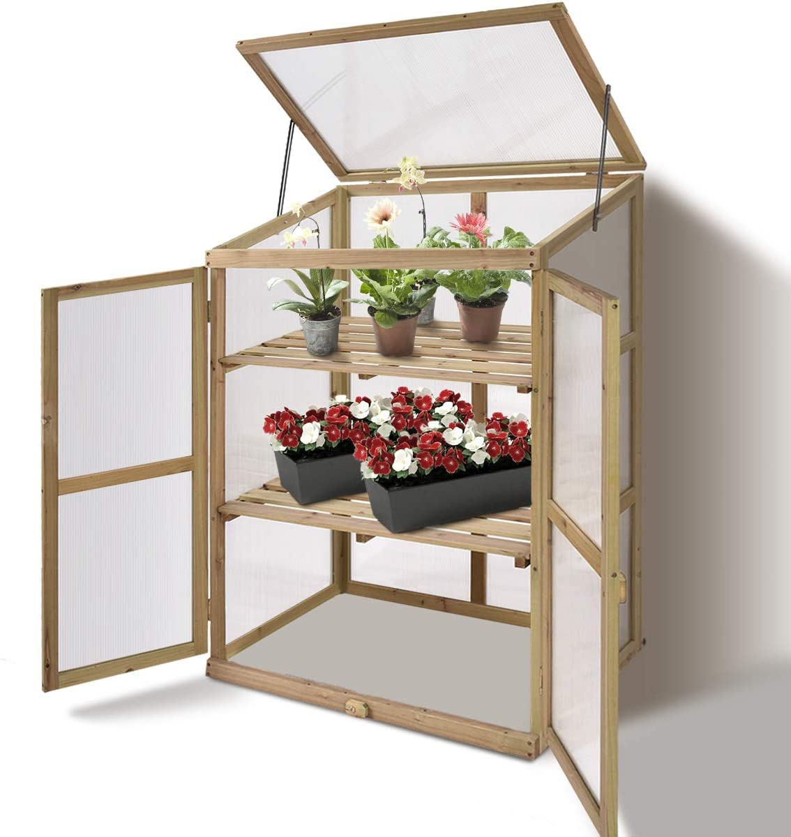 Hysache Portable Wooden Greenhouse Cold Frame - Garden Flower Planter with Openable Top & Side Doors, Removable Shelf & Hinges - Raised Bed for Outdoor Gardening, Balcony, Porch, Backyard - Perfect for Seed Starting, Plant Protection & Year-Round Growing