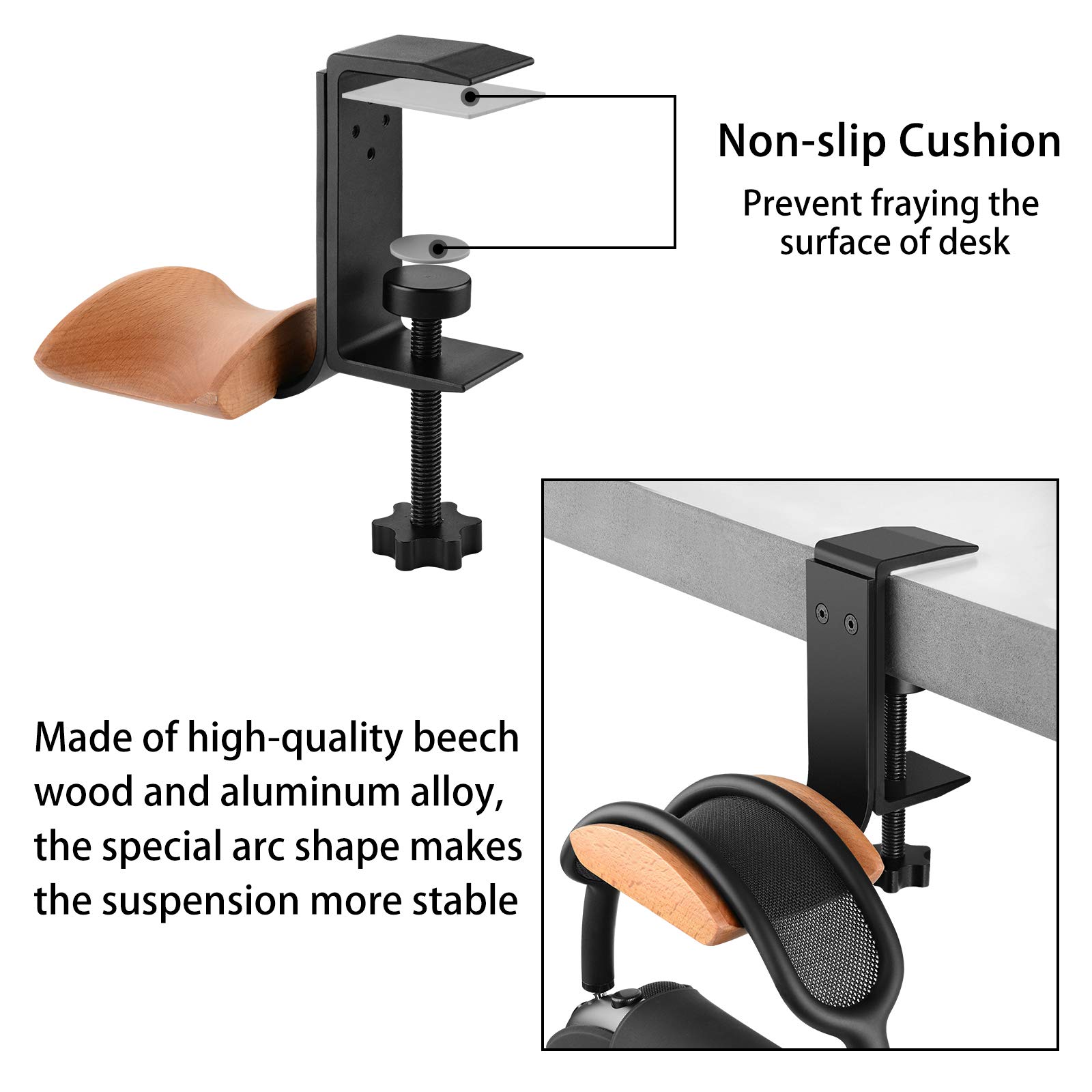 Premium Wooden Headphone Stand for AirPods Max - Beech Wood Headset Hanger with Under Desk Clamp, Universal Headphone Holder for Gaming, Office & Home Use