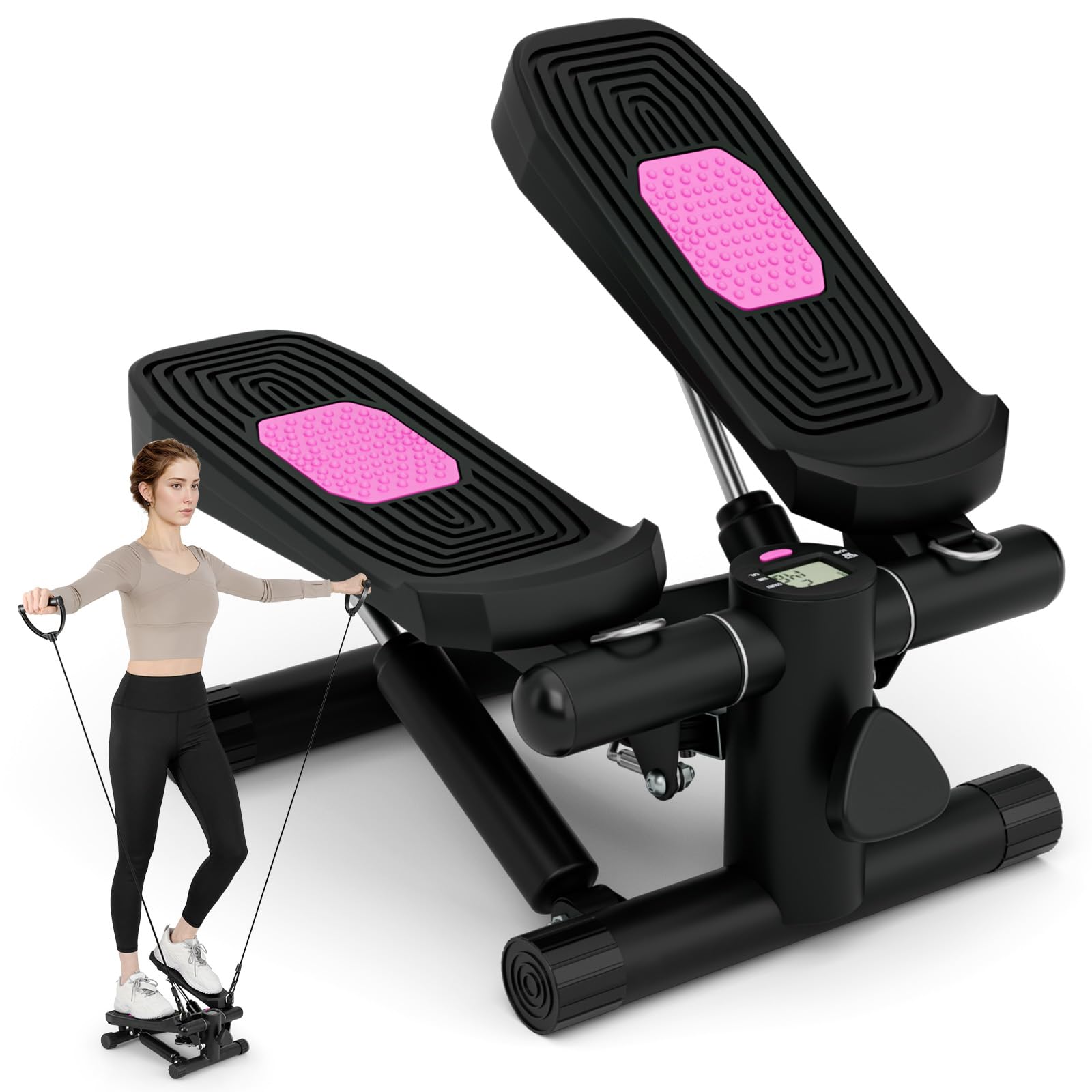 GYMAX Hydraulic Mini Stair Stepper with Resistance Bands & LCD Monitor - Portable Under Desk Cardio Equipment for Home Gym, Indoor Workout & Office Exercise - Compact Stepping Machine for Weight Loss & Fitness Training