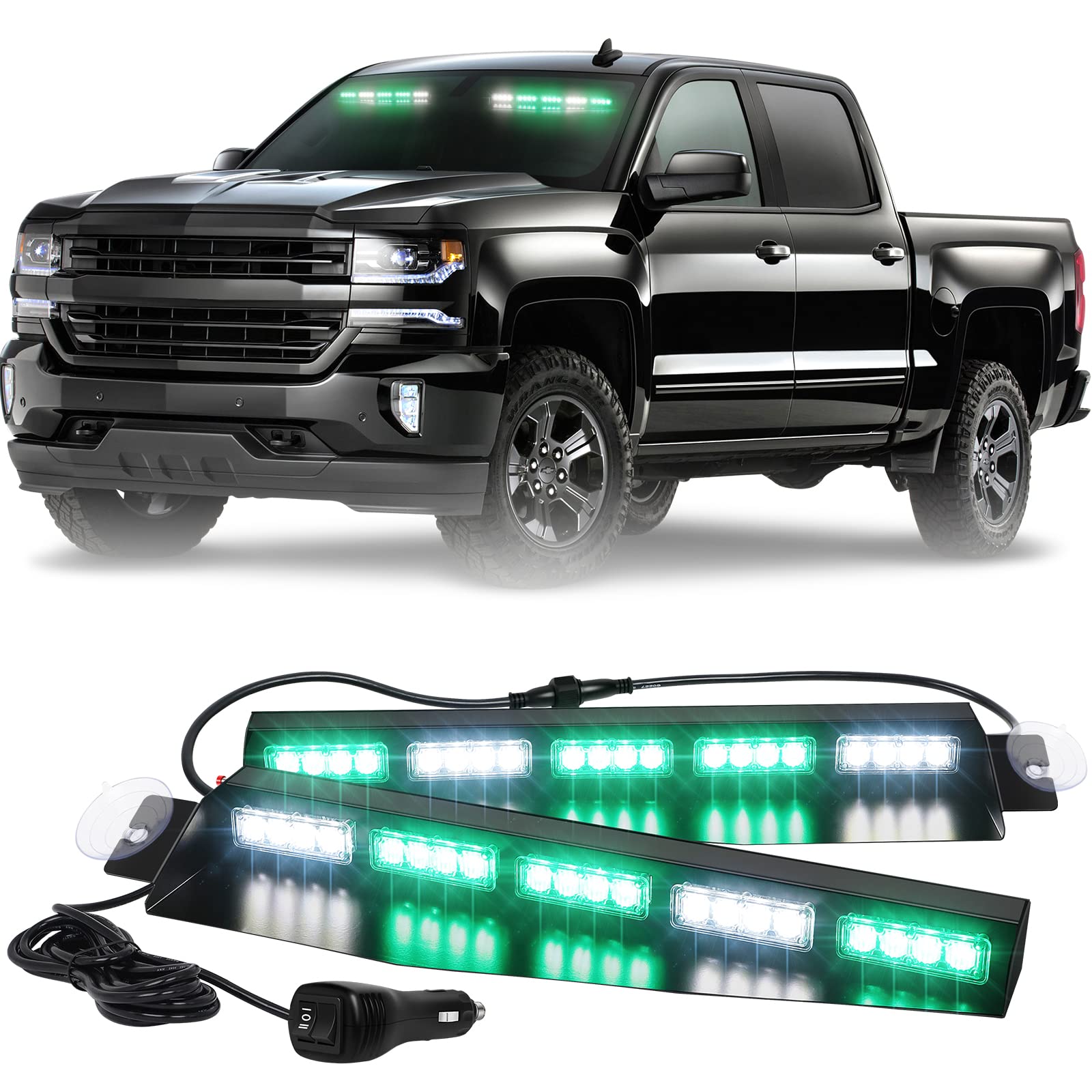 XRIDONSEN 34 Inch Green & White Emergency Strobe Light Bar - 40 LED Interior Windshield Visor Warning Lights for Firefighter Trucks, Vehicles with Take Down & Deck Split Mount - Ideal for Emergency Response, Roadside Safety, and Hazard Visibility