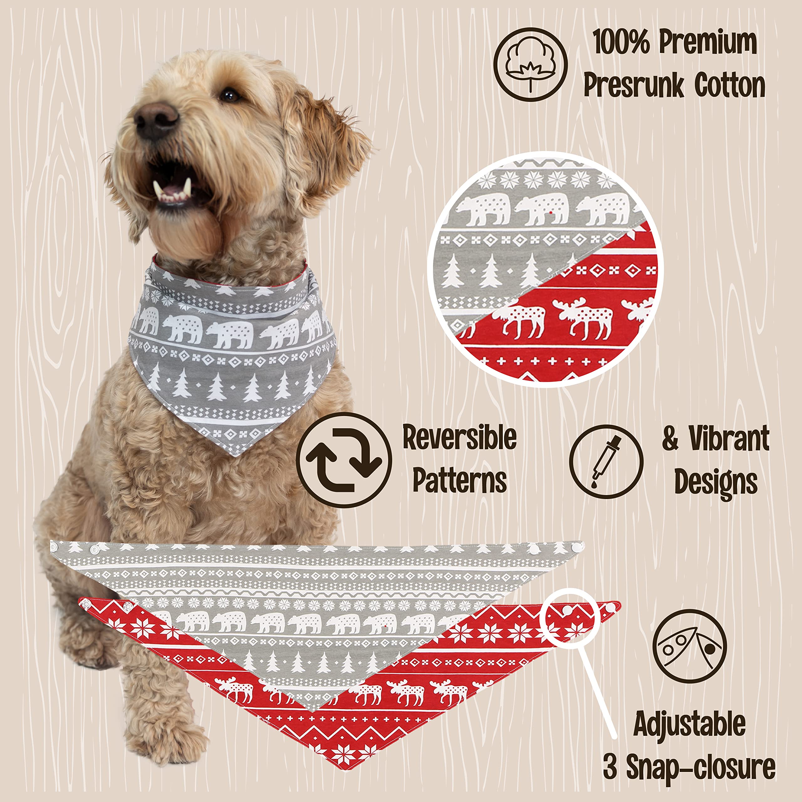 Reversible Dog Bandana for Pets - Nordic Moose Bear Winter Style | XS/S for Cozy Outings