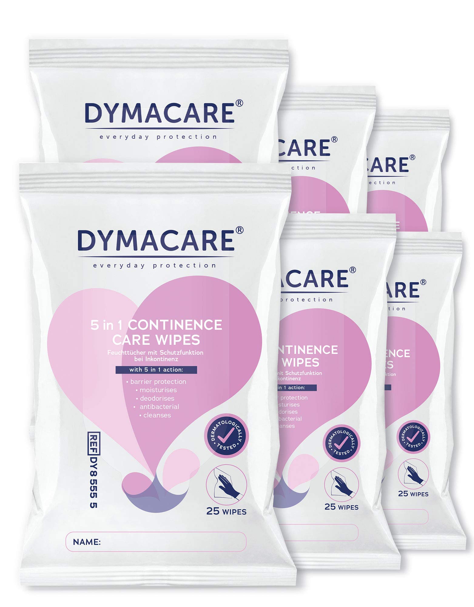 DYMACARE 5-in-1 Continence Care Wipes for Adults | Scented Disposable Incontinence Cloths with Barrier Protection | Gentle Skin Cleansing Wipes | 6 Packs (150 Count) | Ideal for Home Care, Travel & Hospital Use