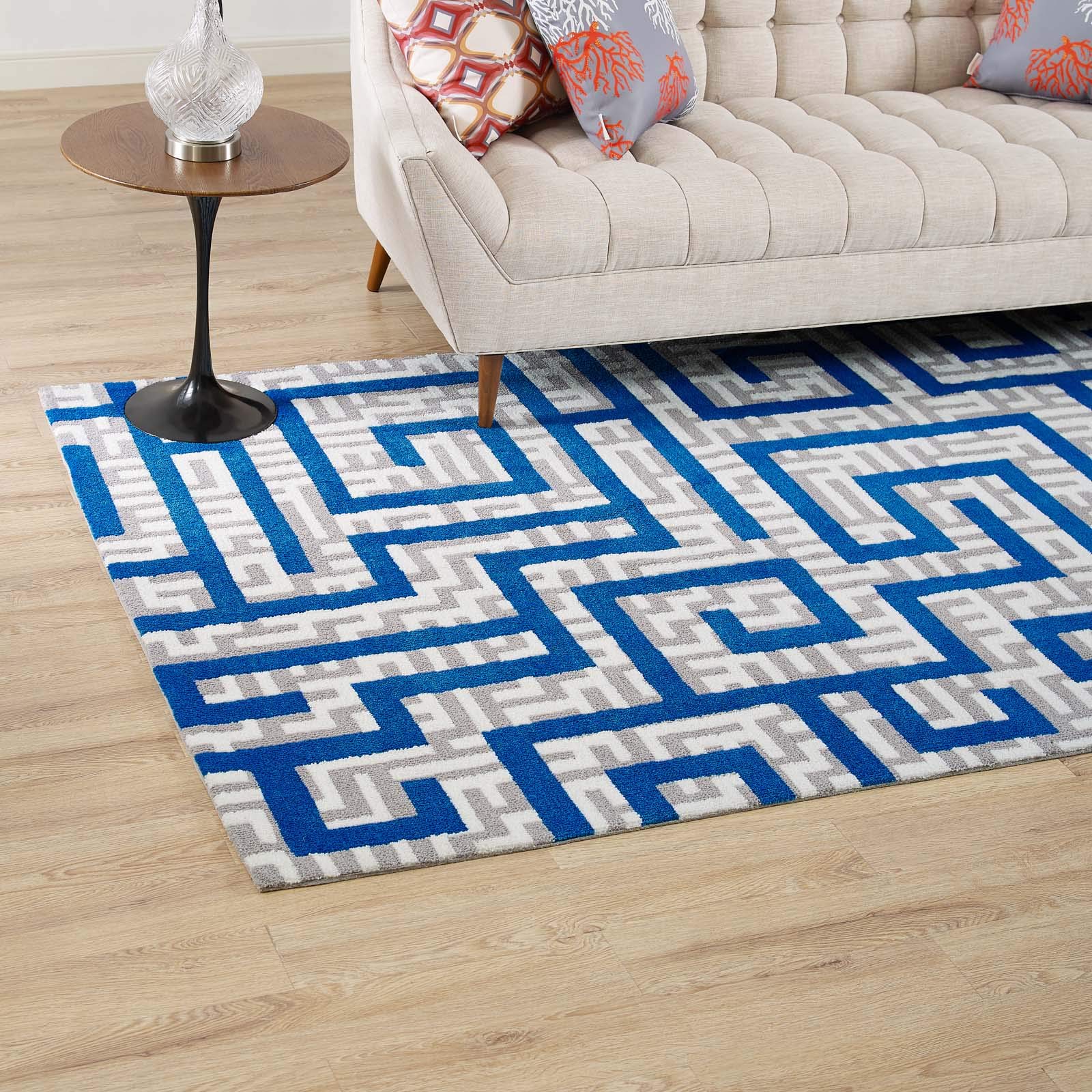 Modern Contemporary Urban Design Blue Area Rug - Non-Slip Living Room Carpet Runner for Lounge, Bedroom & Hallway - Soft Fabric Floor Mat for Home Decor