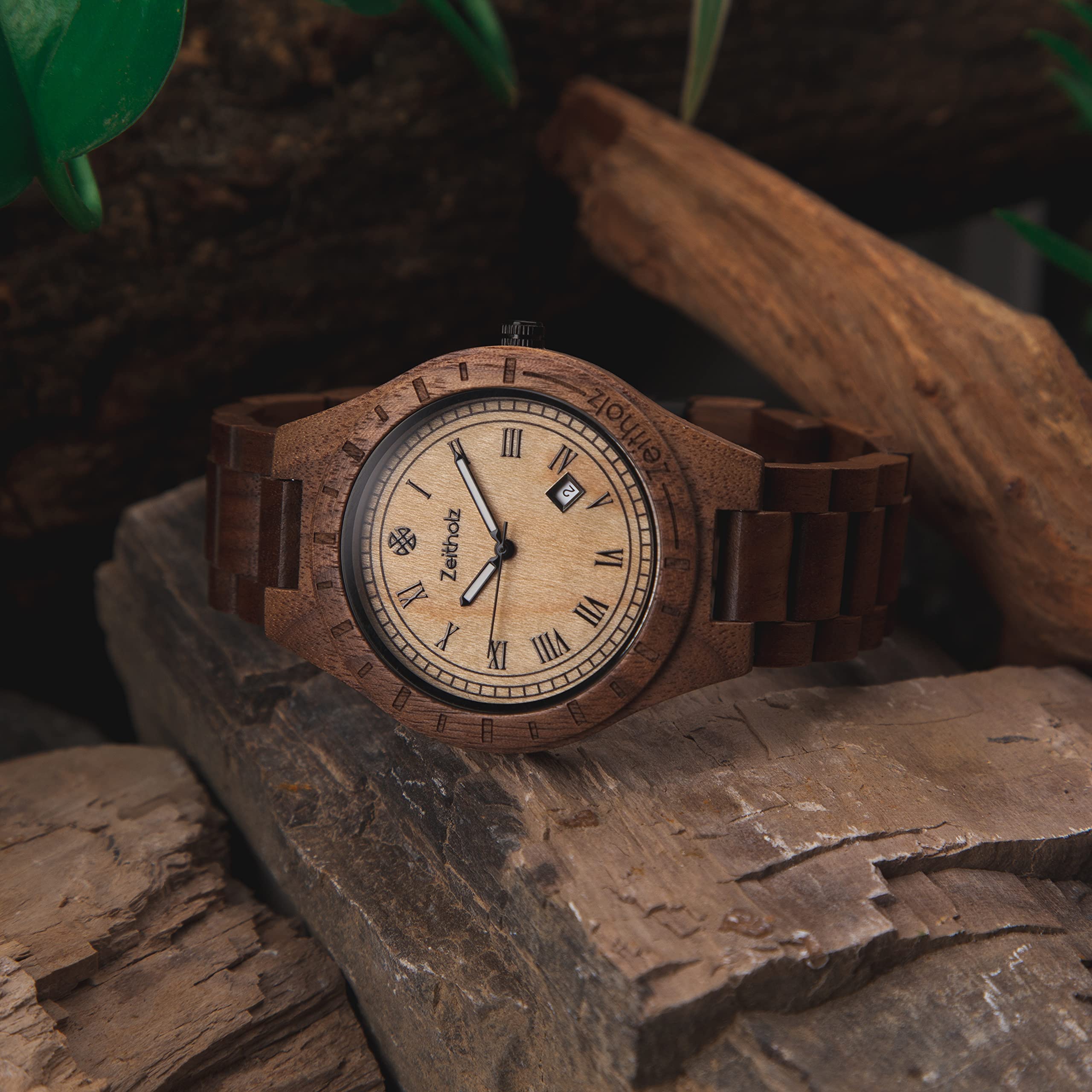 Zeitholz Men's Wooden Watch - 100% Natural Wood Analog Watch with Japanese Quartz Movement, 44mm Zittau Collection - Perfect Gift for Men, Ideal for Casual, Business & Outdoor Activities
