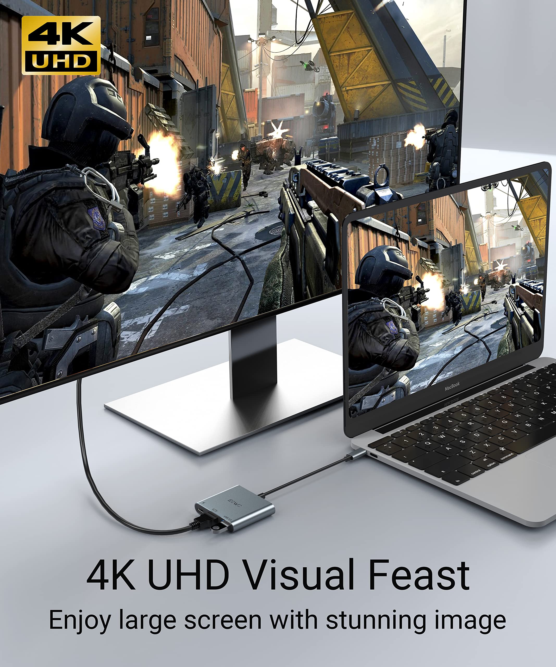 JESWO USB C to HDMI Adapter 4K - 3-in-1 USB C Hub with HDMI, USB 3.0 Port & 100W PD Charging - Compatible with MacBook Pro/Air, iMac, Mini - Perfect for Home Office, Presentations & Multi-Screen Setup