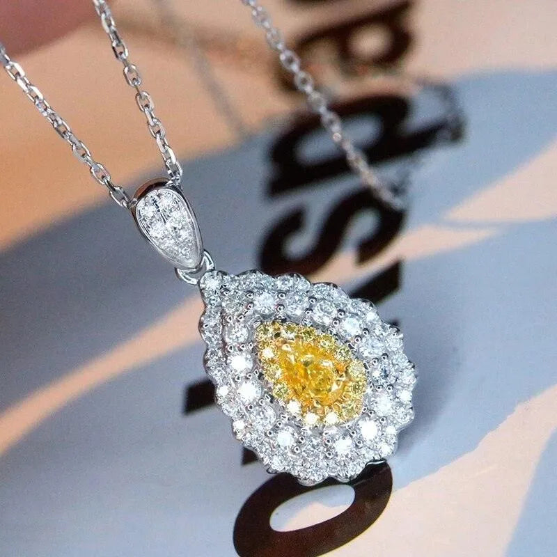 18K White Gold Real Yellow Natural Diamond Vintage Droplet Pendant Necklace for Women - Elegant Wedding, Anniversary & Special Occasion Jewelry Gift