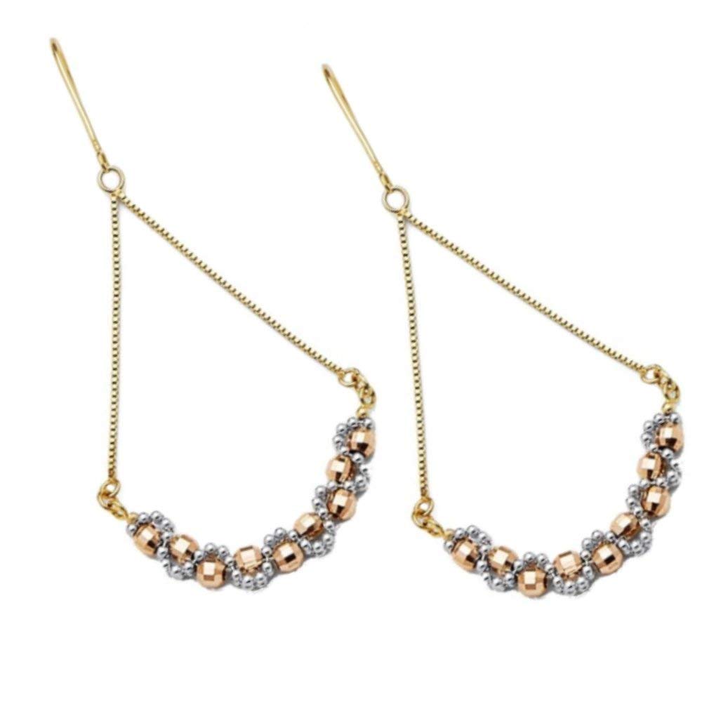 14K Gold Tri-Color Diamond Cut Beaded Hanging Earrings for Women - Elegant Everyday Jewelry Gift for Girlfriend, Wife - Perfect for Date Night, Office Wear & Special Occasions