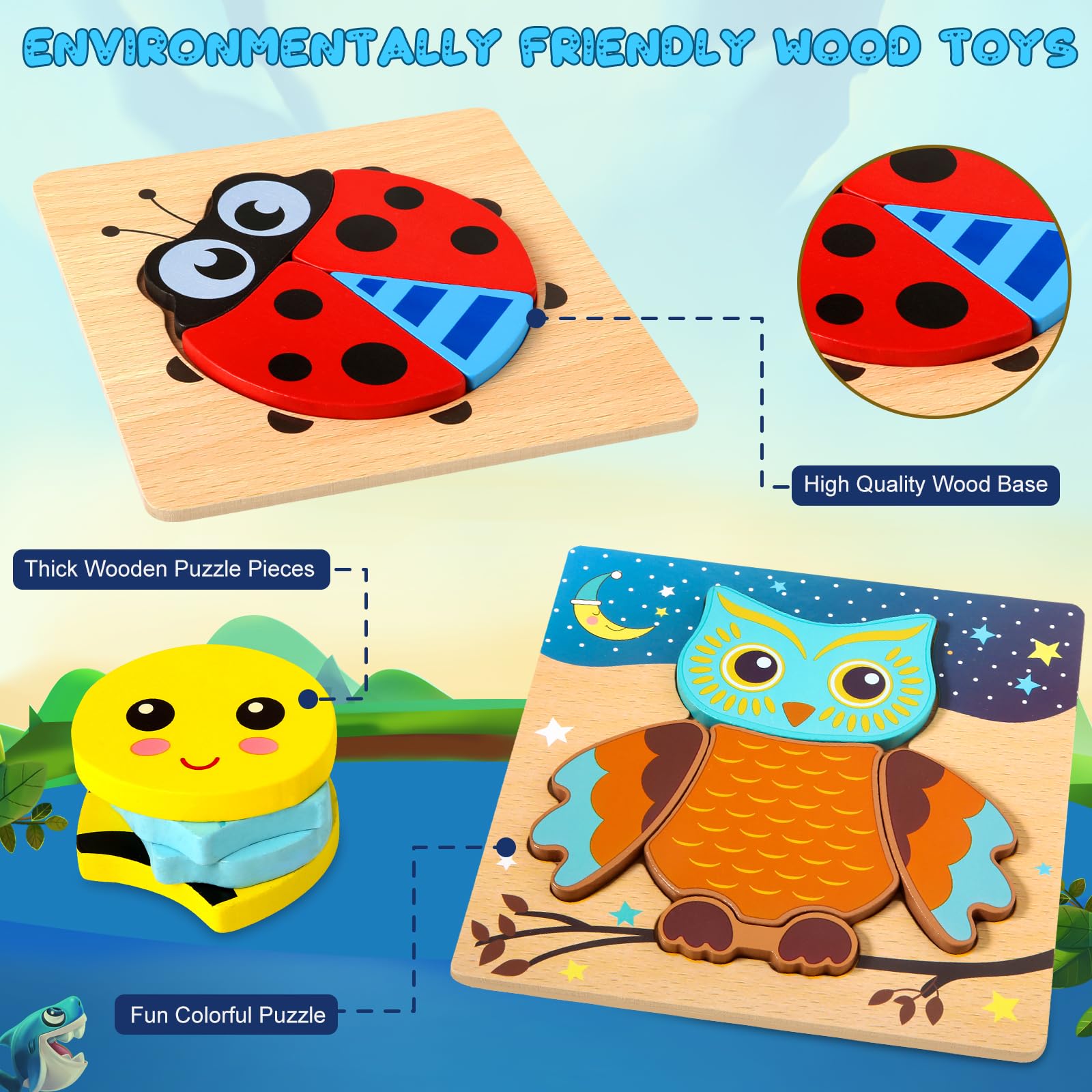 Montessori Wooden Animal Jigsaw Puzzles for Toddlers Age 1-4 Years Old - 6 Pack Educational Learning Toys for Boys & Girls - Preschool Activities, Autism Therapy, Birthday Gifts & Travel Entertainment