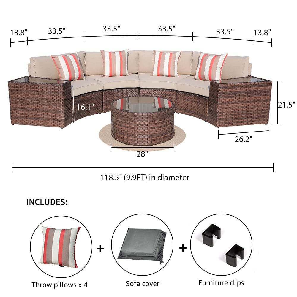 7-Piece Patio Furniture Set with Waterproof Cover - Brown PE Wicker & Beige Cushions for Outdoor Living | SUNSITT Half-Moon Sectional Sofa Set | Perfect for Backyard, Poolside & Garden Relaxation