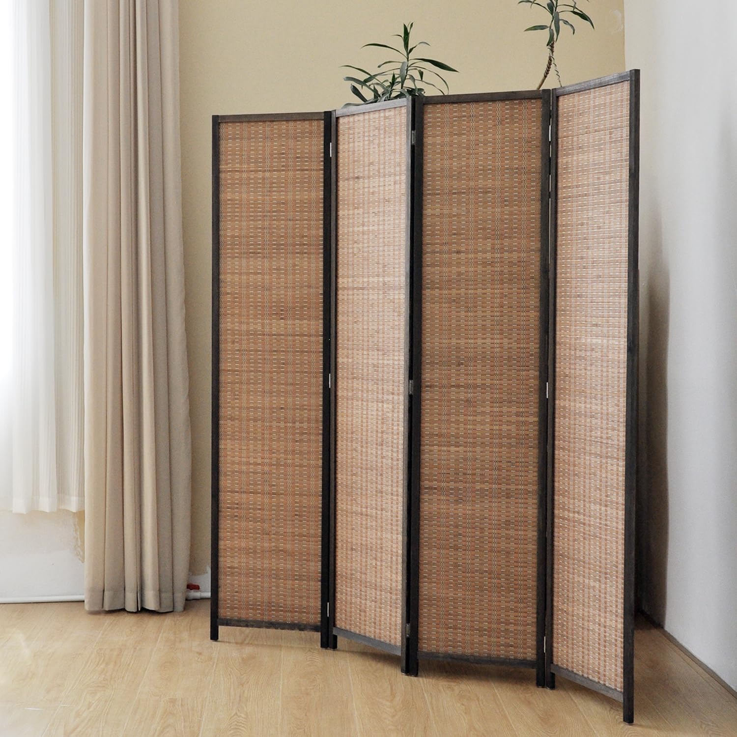 5.6 FT Tall 4-Panel Bamboo Room Divider Screen - Freestanding Folding Privacy Partition for Home, Office & Bedroom - Natural Brown Room Separator for Indoor Spaces, Yoga Studios and Event Decor