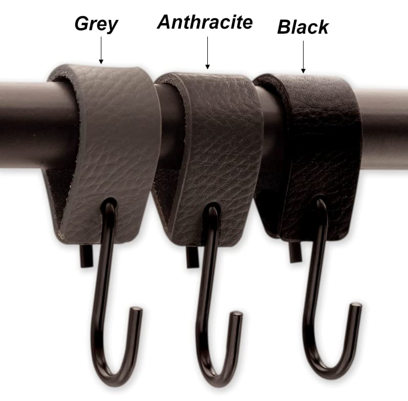 Brute Strength Multifunctional Leather S-Hooks (6-Pack) - Heavy Duty Anthracite Black Coat & Kitchen Hooks for Hanging Coats, Bags, Towels & Utensils - Durable S-Shaped Leather Hooks for Home & Office Organization