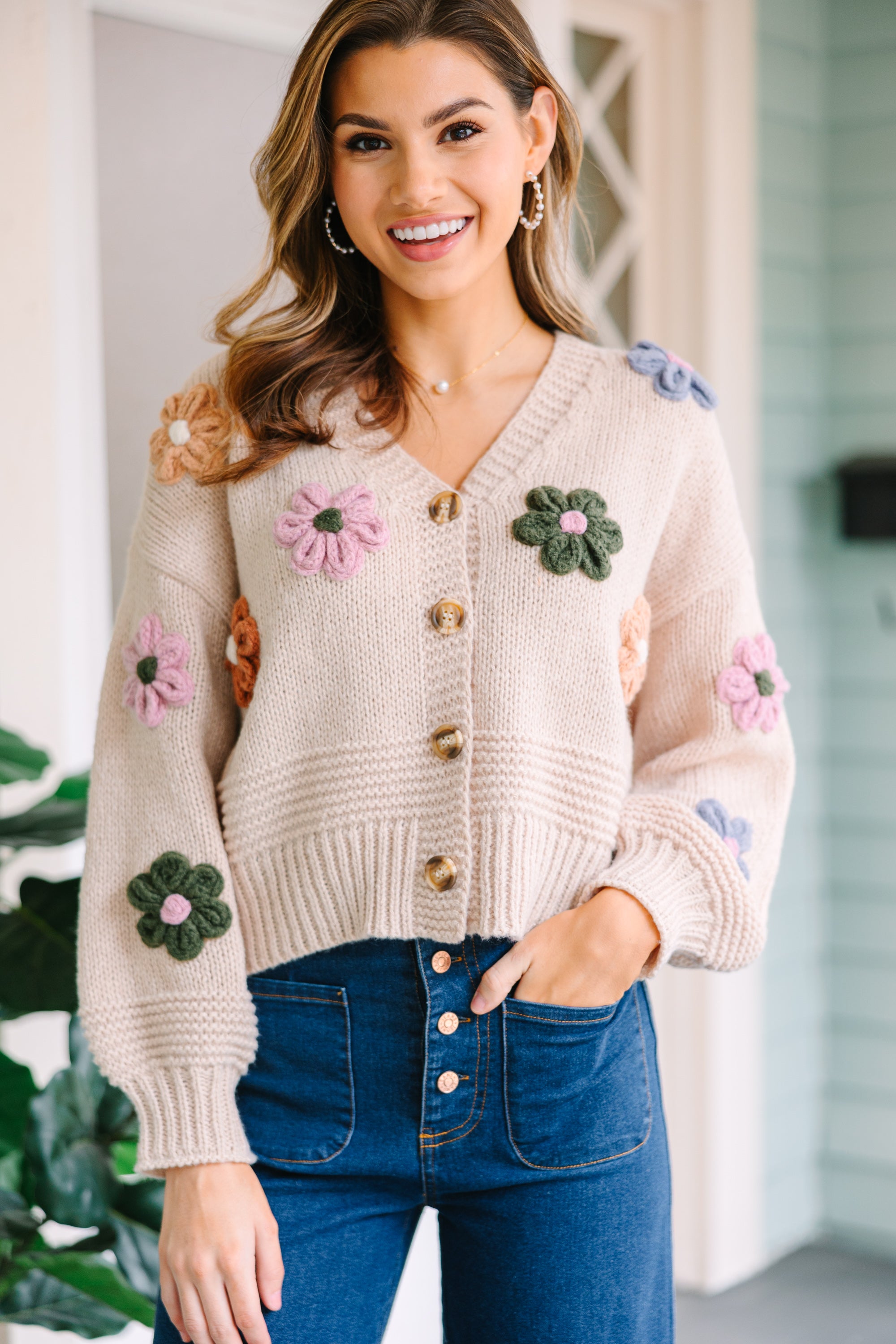 Feeling My Best Ecru White Floral Cardigan - Lightweight Knit Sweater for Women | Perfect for Spring Outfits, Office Wear & Casual Dates