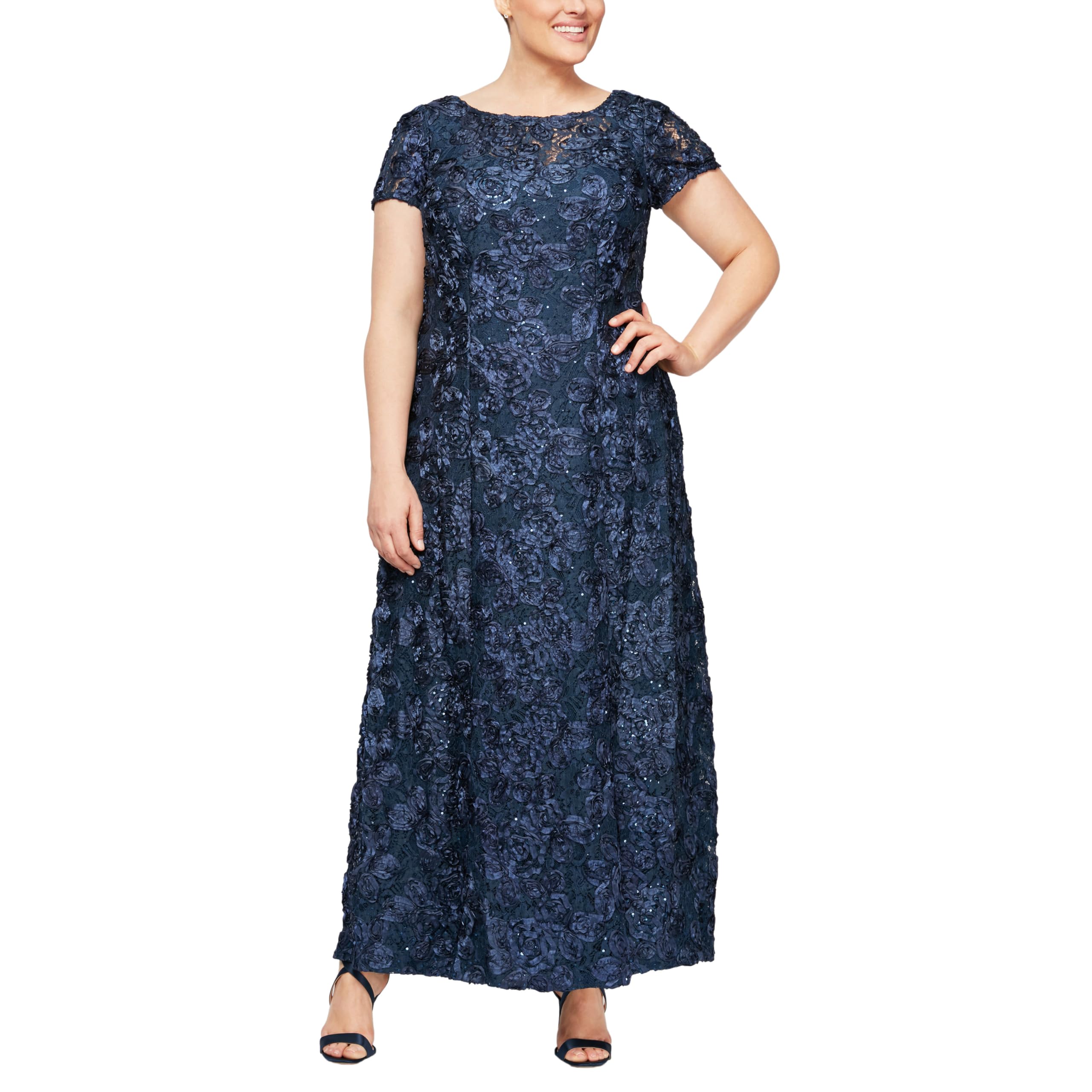 Alex Evenings Women's Plus Size Long Rosette Mother of The Bride Dress - Elegant Short Sleeve Formal Gown for Wedding Guest, Bridal Party & Special Occasions