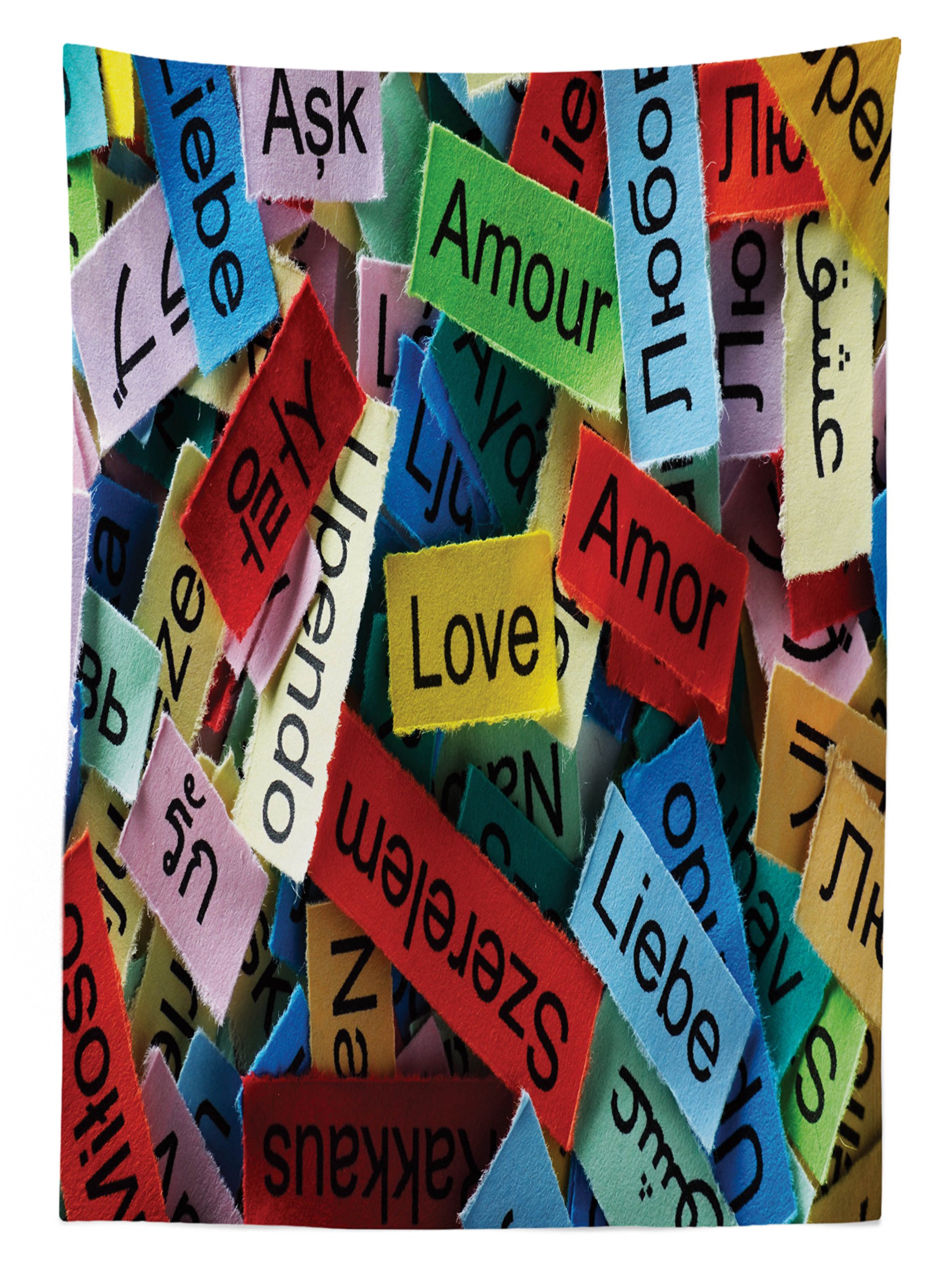 Ambesonne Love Word Cloud Outdoor Tablecloth - Multilingual French Japanese Design, Washable Picnic Table Cover 58