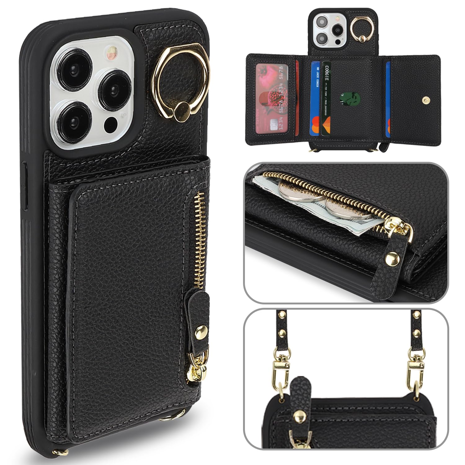 Premium Leather iPhone 13 Pro Max Case with Card Holder & Crossbody Strap - Wallet Phone Case with Zipper Pocket, Stand Ring & Lanyard (Black) | Perfect for Women's Everyday Use, Travel & Hands-Free Convenience