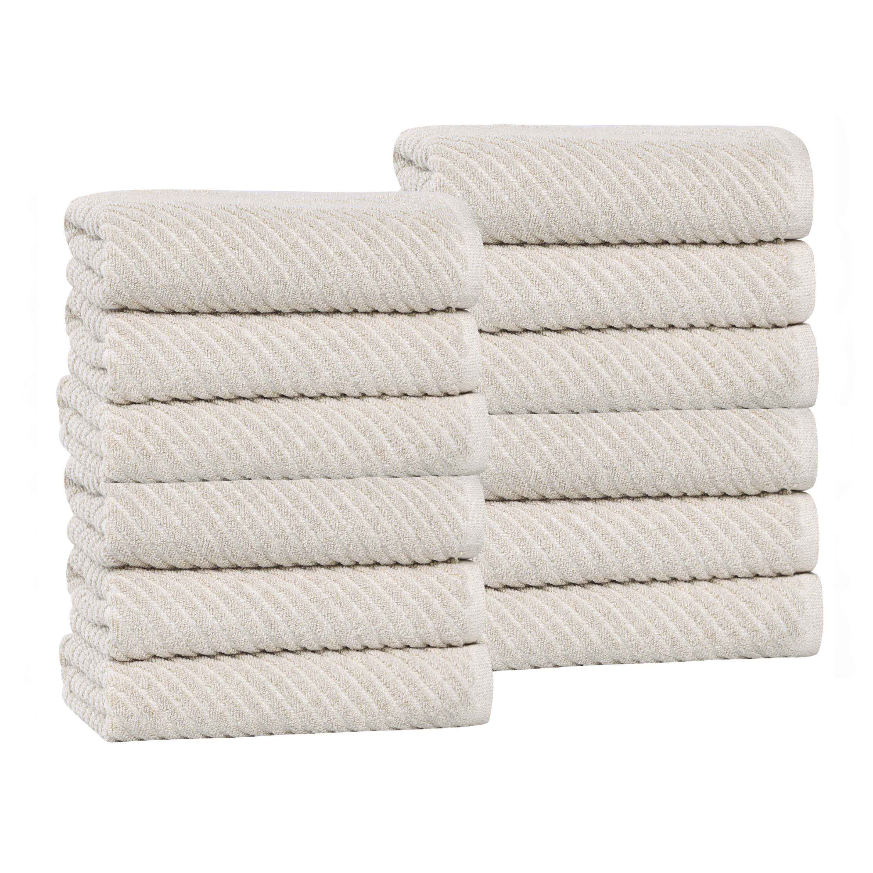 Amelia Soft Cotton Blend Diagonal Stripes Face Towels - Set of 12 for Bathroom, Gym & Travel | Absorbent & Quick-Drying Hand Towels