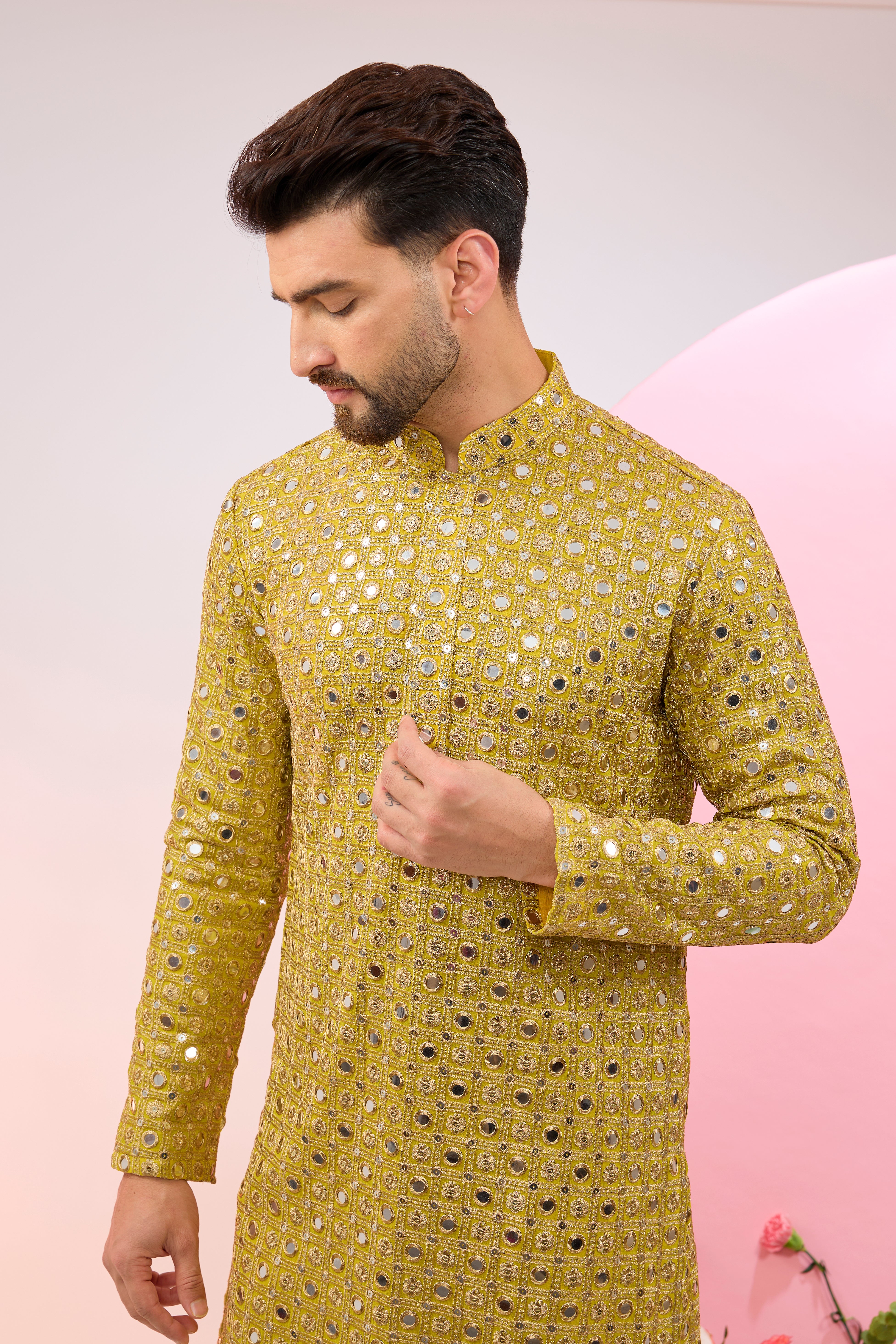 Stylish Neon Yellow Mirror Work Kurta with Intricate Zari Embroidery - Perfect for Festivals, Weddings & Ethnic Parties
