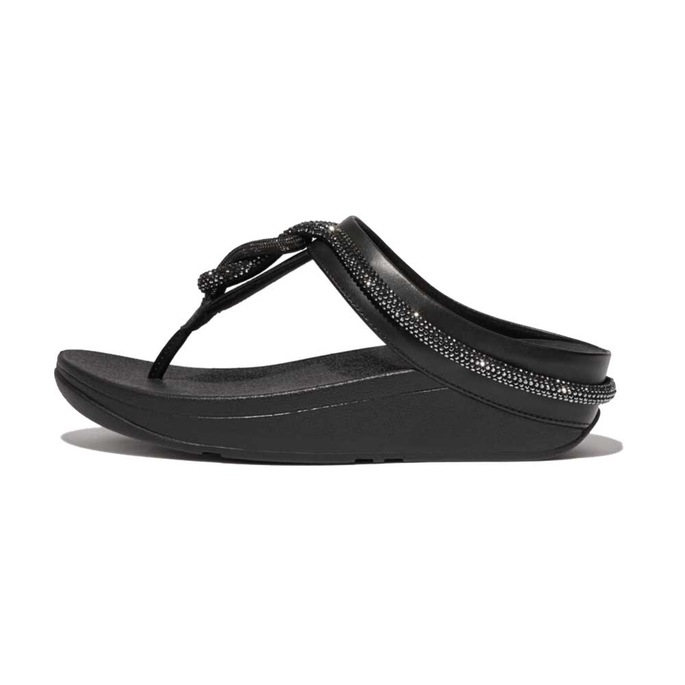 FitFlop Fino Crystal Cord Leather Sandals for Women - Comfortable Black Slide Sandals with Arch Support | Perfect for Beach, Vacation & Summer Outfits