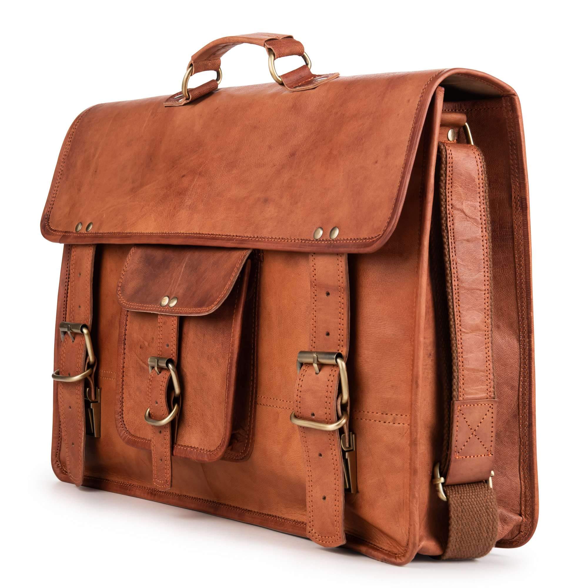 BERLINER BAGS Vintage Genuine Leather Messenger Bag - XXL Laptop Briefcase for Men & Women, Work Bag, Business Travel & College Use - Brown Leather