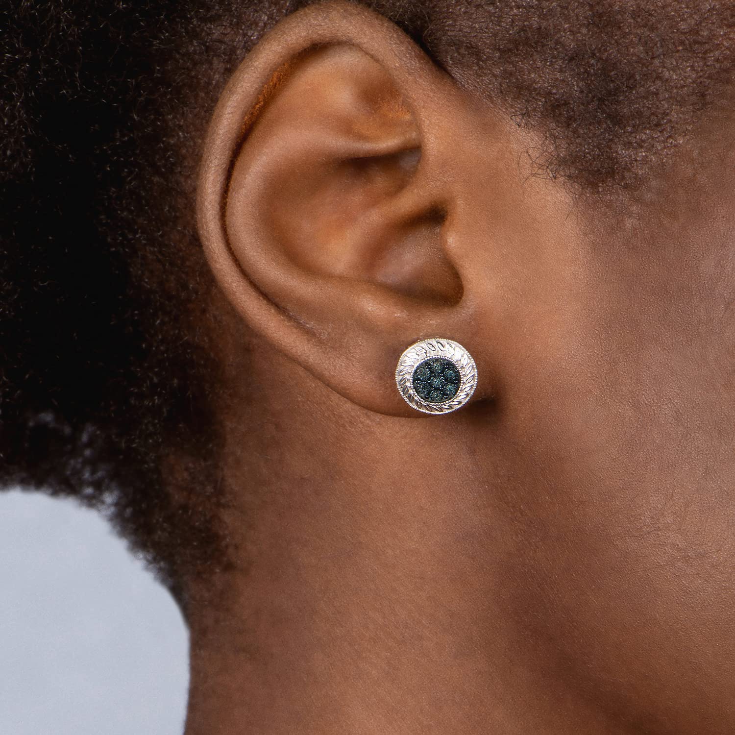 Jewelili Sterling Silver Round Stud Earrings with Blue, White & Champagne Diamonds – Perfect for Weddings, Parties & Everyday Elegance