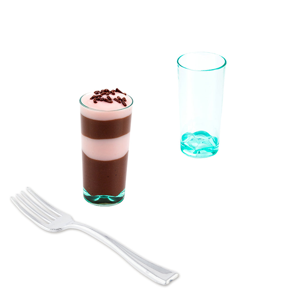 100 Pack 2 oz Seagreen Plastic Shot Glasses with 100 Silver Mini Forks - Perfect for Cocktail Parties, Wedding Favors, and Catering Events