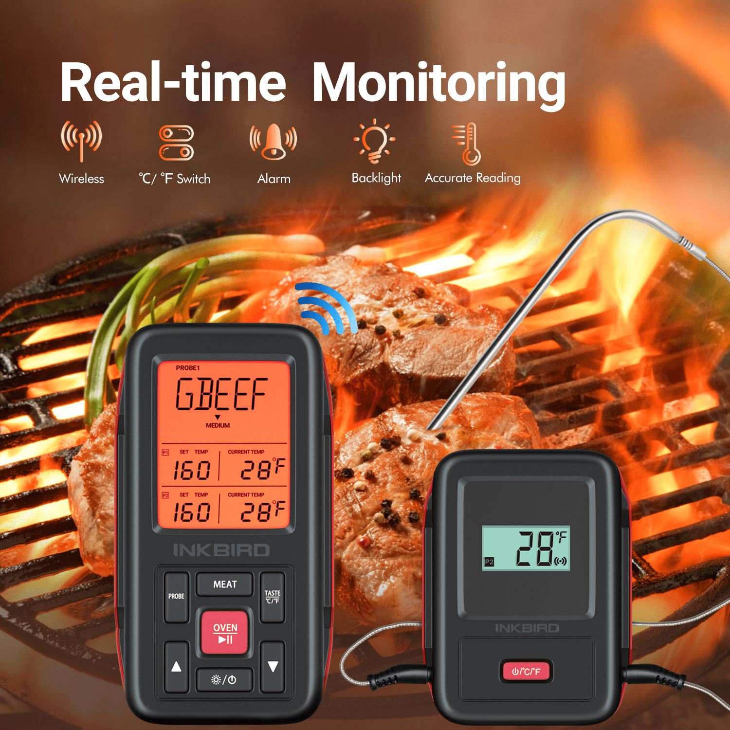 Wireless BBQ Grill Thermometer with Dual Probes - IRF 2SA Digital Meat Thermometer for Smoking, Grilling & Baking - Perfect for Backyard BBQs, Camping & Outdoor Cooking