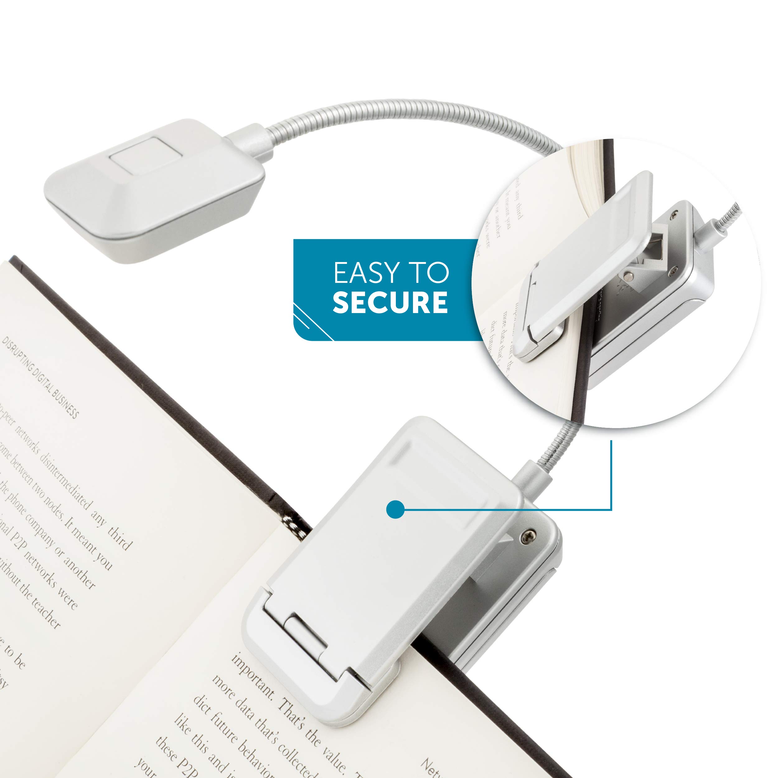 WITHit Quad Clip On Book Light - Silver - Adjustable LED Reading Light for Books & eBooks, Dimmable Brightness, Portable Bookmark Light for Adults (Batteries Included) - Perfect for Night Reading, Studying, Travel & Bedtime Use