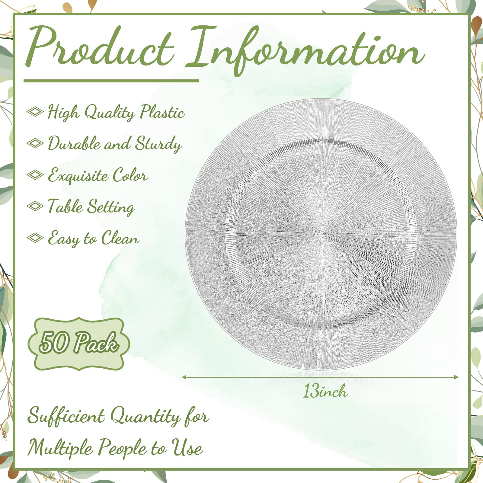 Tanlade 50 Pcs 13 Inch Round Plastic Charger Plates Bulk - Elegant Silver Reusable Dinner Plates for Wedding, Party & Event Table Settings - Perfect for Buffet, Banquet, and Fine Dining Decor
