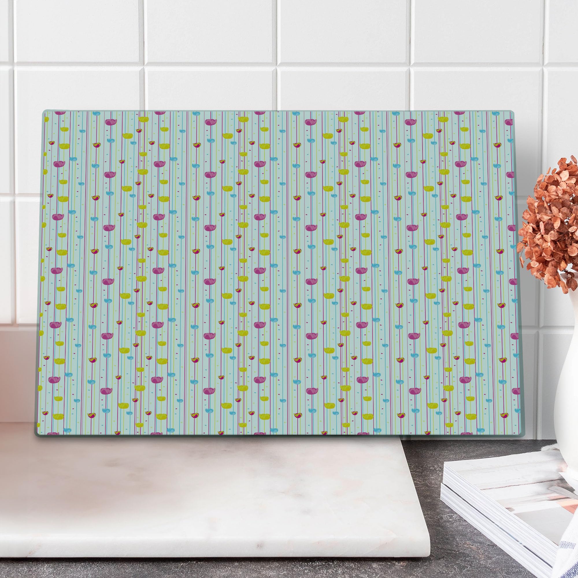 Ambesonne Decorative Glass Cutting Board - Yellow & Blue Stripes with Floral Tulip Design, Large Tempered Glass Serving Board for Kitchen, Charcuterie & Party Platters - Perfect for Entertaining & Home Decor