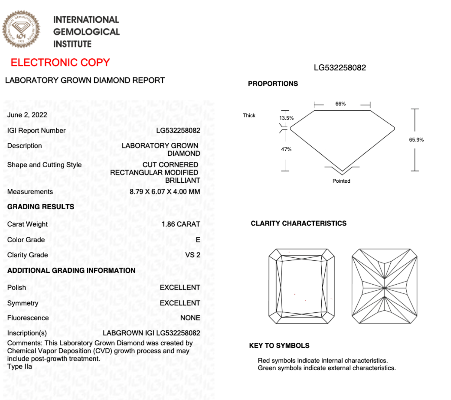 1.86CT D Color VS2 Clarity Radiant Cut Diamond - Excellent Cut & Polish - No Fluorescence - LG532258082 - Perfect for Engagement Rings & Luxury Jewelry