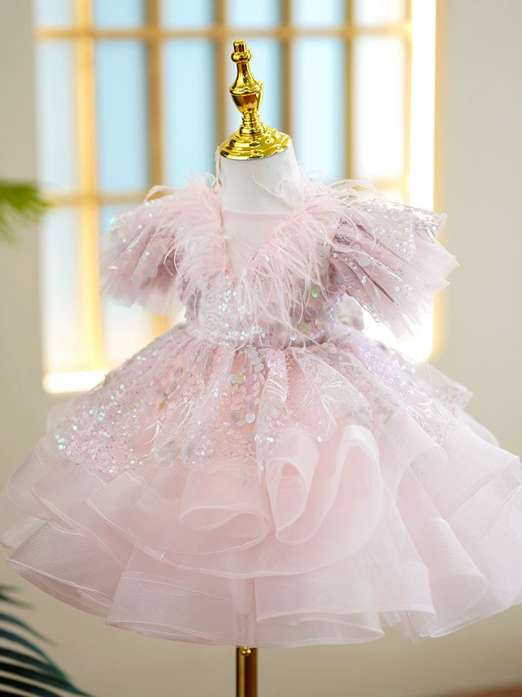 Pink Princess Round Tea Length Organza Flower Girl Dress for Weddings, Parties & Special Occasions