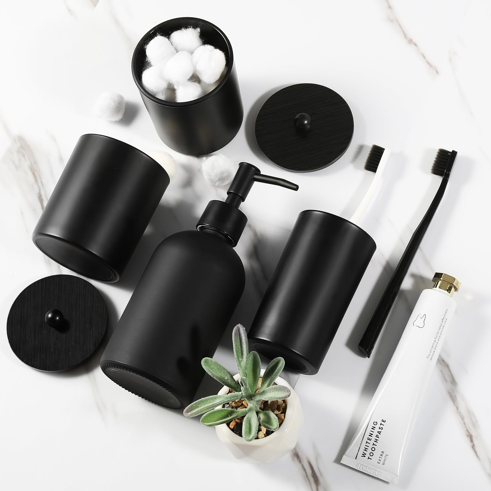 Modern Matte Black Bathroom Accessories Set - 4-Piece Bathroom Decor Kit with Glass Soap Dispenser & Toothbrush Holder | Counter Organizer Essentials for Stylish Bathrooms, Home Decor & Housewarming Gifts