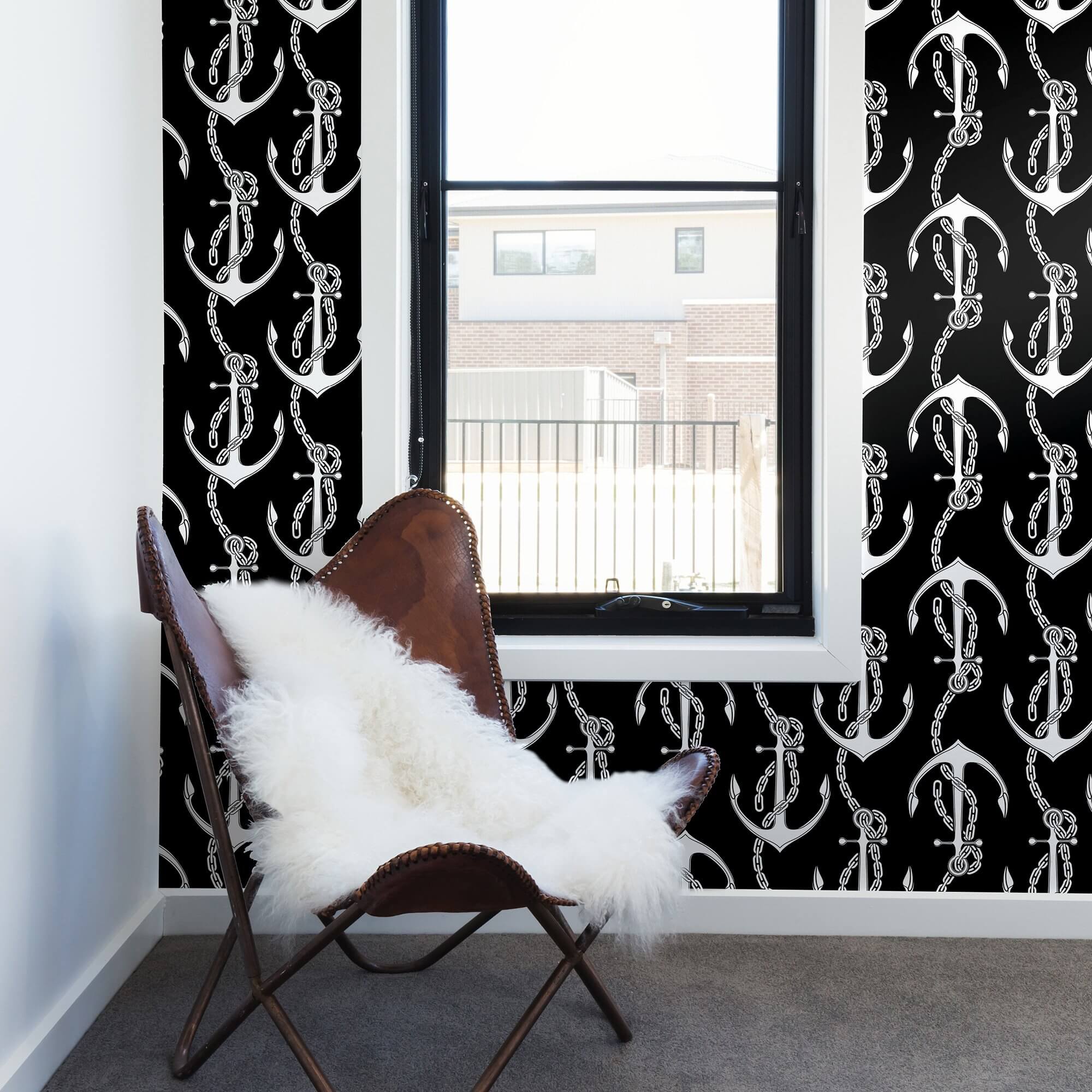 Nautical Themed Black Illustration Peel and Stick Removable Wallpaper - Self-Adhesive Decorative Wall Covering for Bedroom, Nursery, or Office Decor