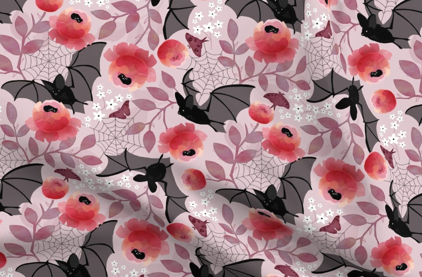 Pastel Bat Floral Pink Black Flowers Printed Minky Fabric - Soft Plush Fat Quarter for Sewing Baby Blankets, Quilt Backing & DIY Crafts - Nature Rose Gothic Design for Nursery Decor & Home Projects